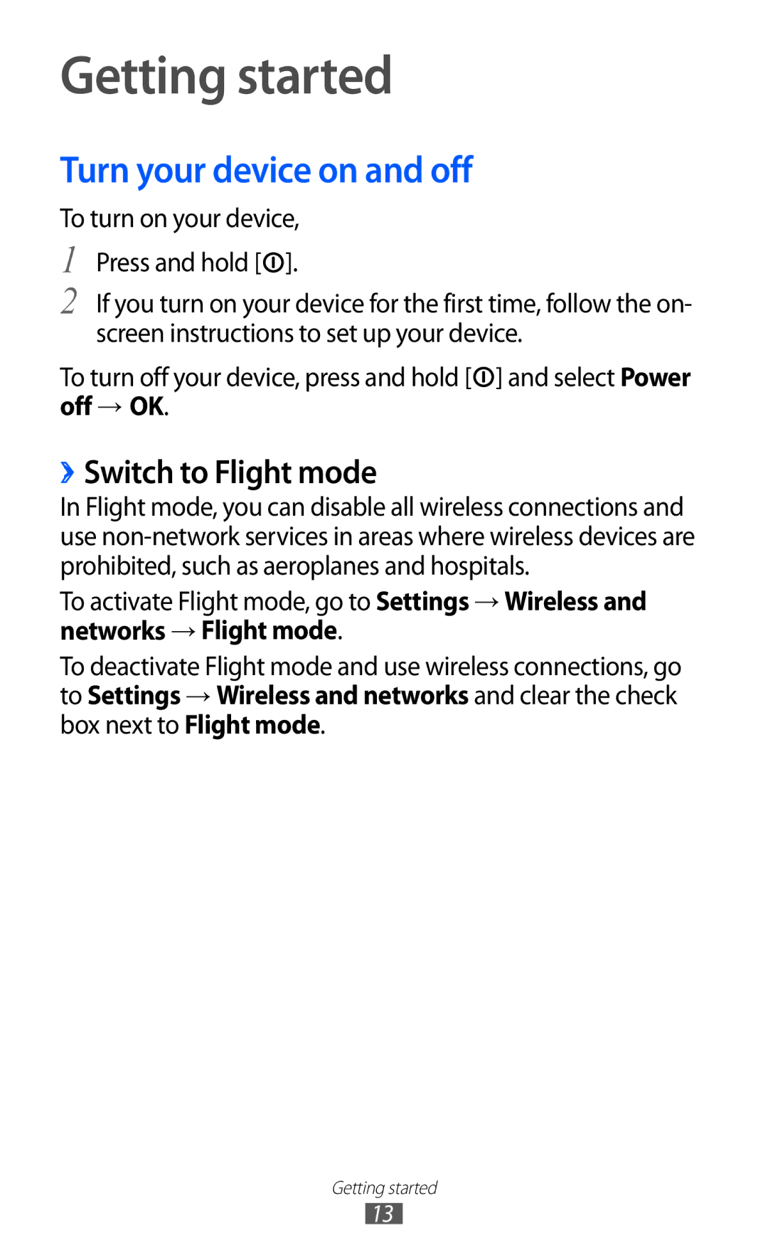 Samsung GT-P7300UWATUN, GT-P7300FKAARB manual Getting started, Turn your device on and off, ››Switch to Flight mode 
