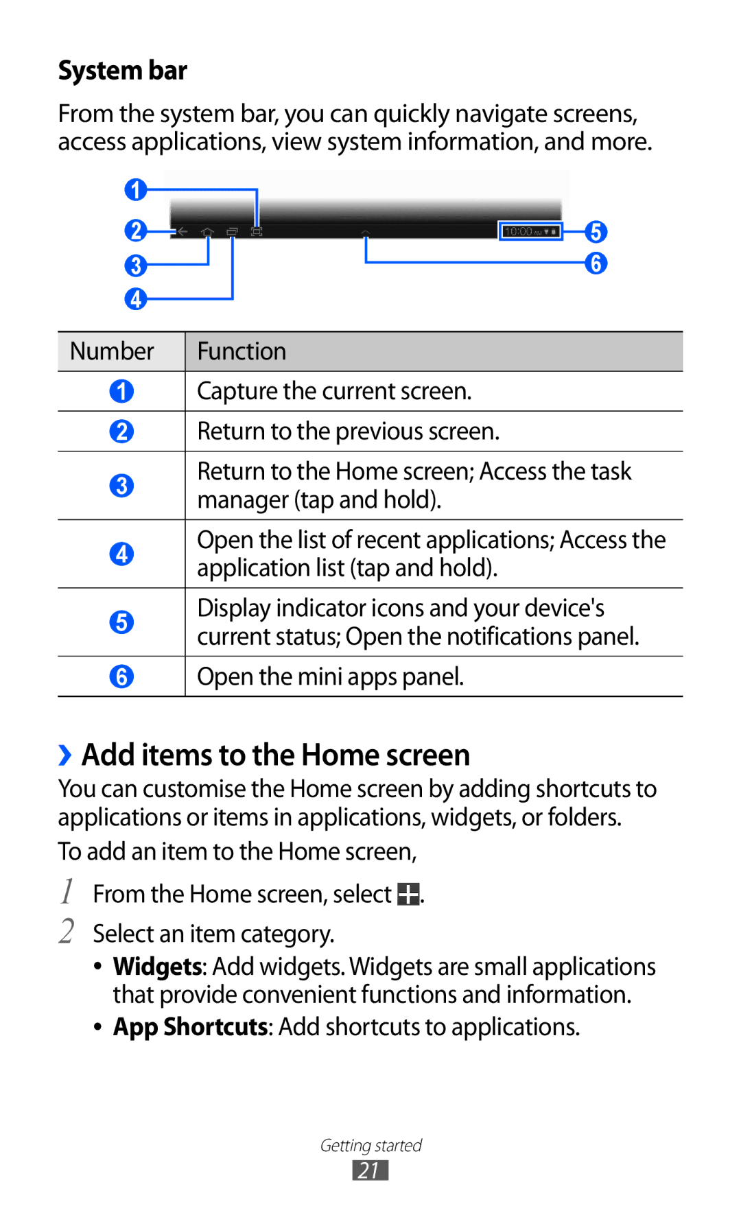 Samsung GT-P7300FKEECT, GT-P7300FKAARB, GT-P7300FKEJED, GT-P7300UWAAFR manual › Add items to the Home screen, System bar 