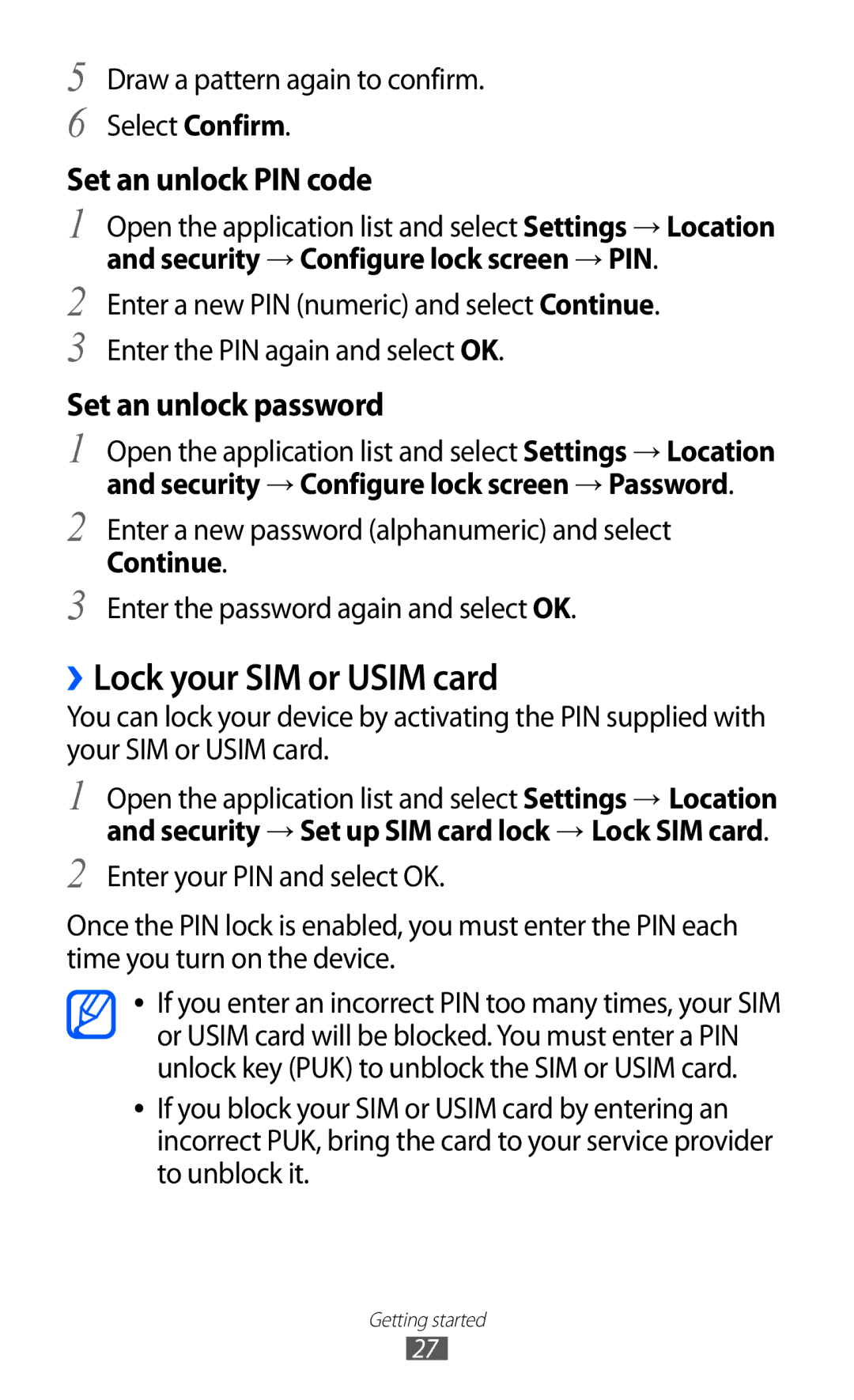 Samsung GT-P7300UWAXXV, GT-P7300FKAARB, GT-P7300FKEJED, GT-P7300UWAAFR ››Lock your SIM or Usim card, Set an unlock PIN code 