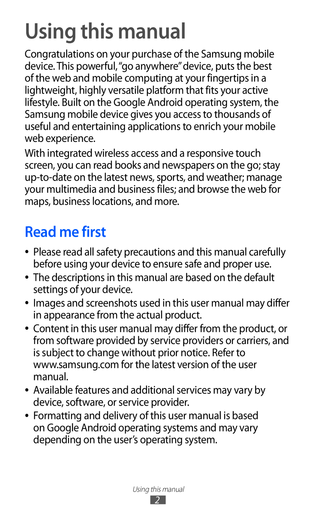 Samsung GT-P7300UWABTC, GT-P7300FKAARB, GT-P7300FKEJED, GT-P7300UWAAFR, GT-P7300UWAJED Using this manual, Read me first 