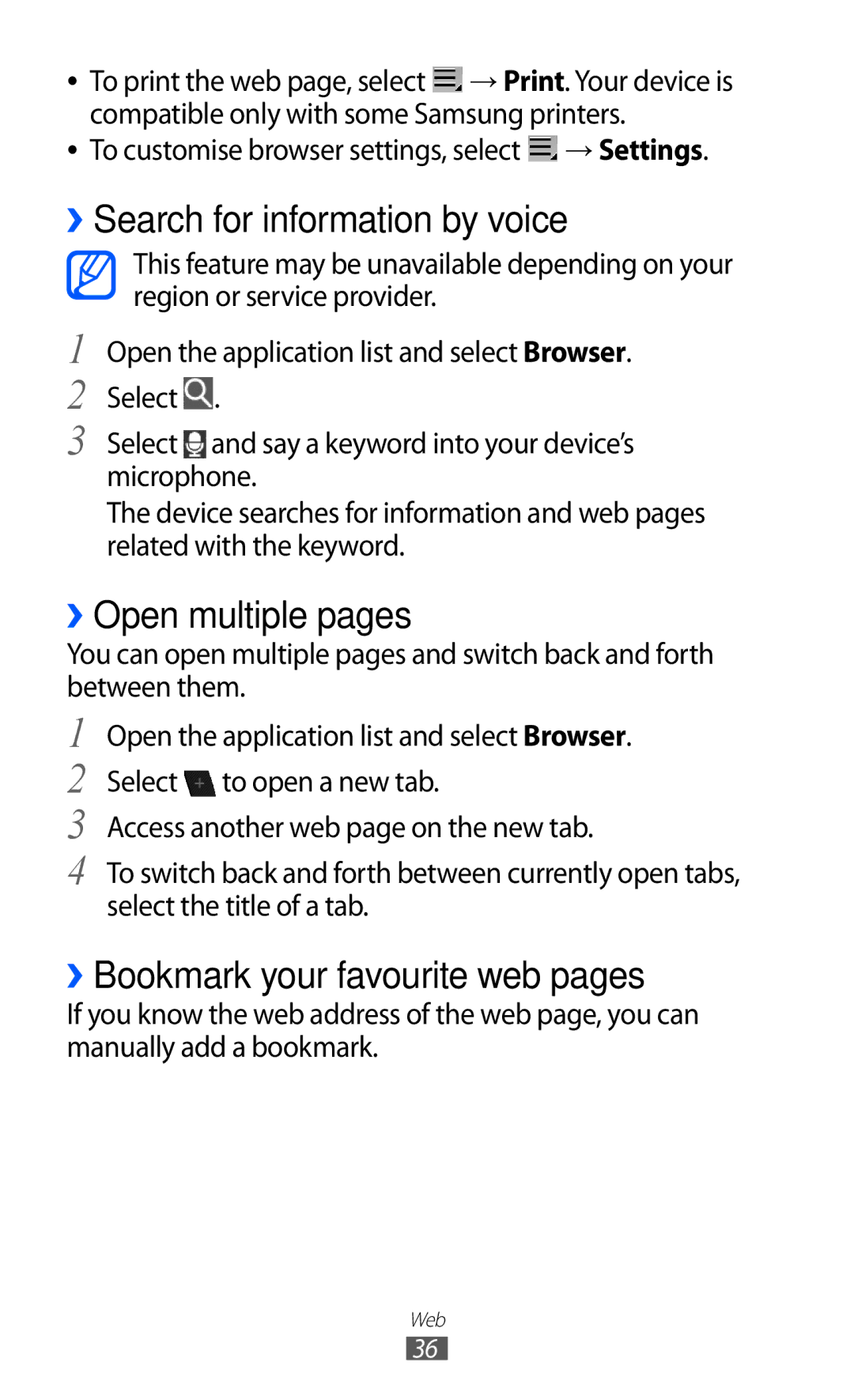 Samsung GT-P7300FKAJED manual ››Search for information by voice, ››Open multiple pages, ››Bookmark your favourite web pages 