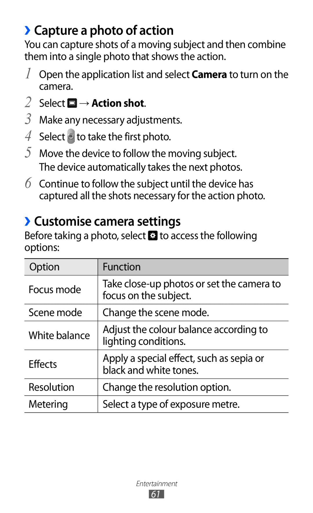 Samsung GT-P7300FKAARB, GT-P7300FKEJED manual ››Capture a photo of action, ››Customise camera settings, Select → Action shot 