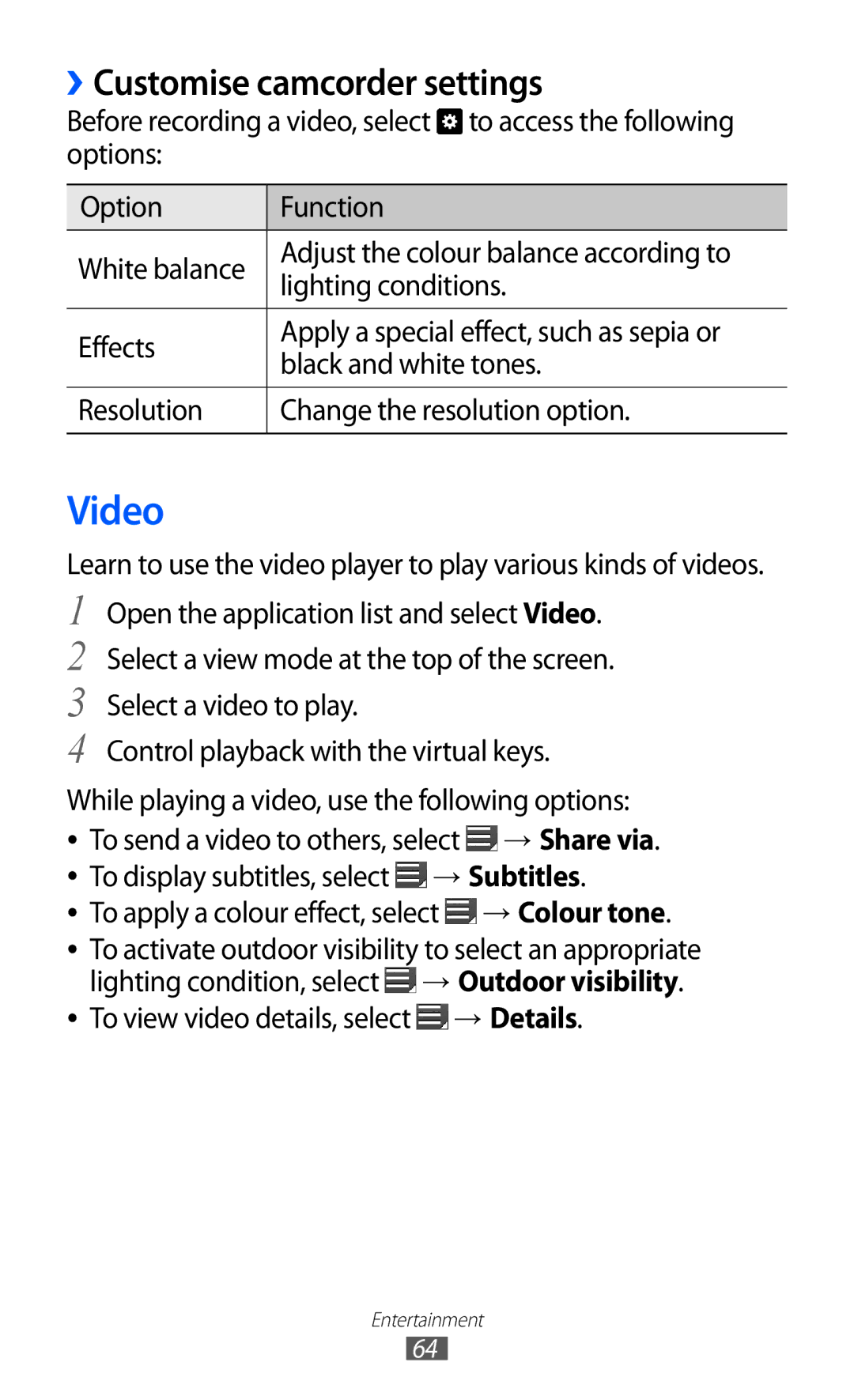 Samsung GT-P7300UWABTC, GT-P7300FKAARB, GT-P7300FKEJED, GT-P7300UWAAFR manual Video, ››Customise camcorder settings, → Details 