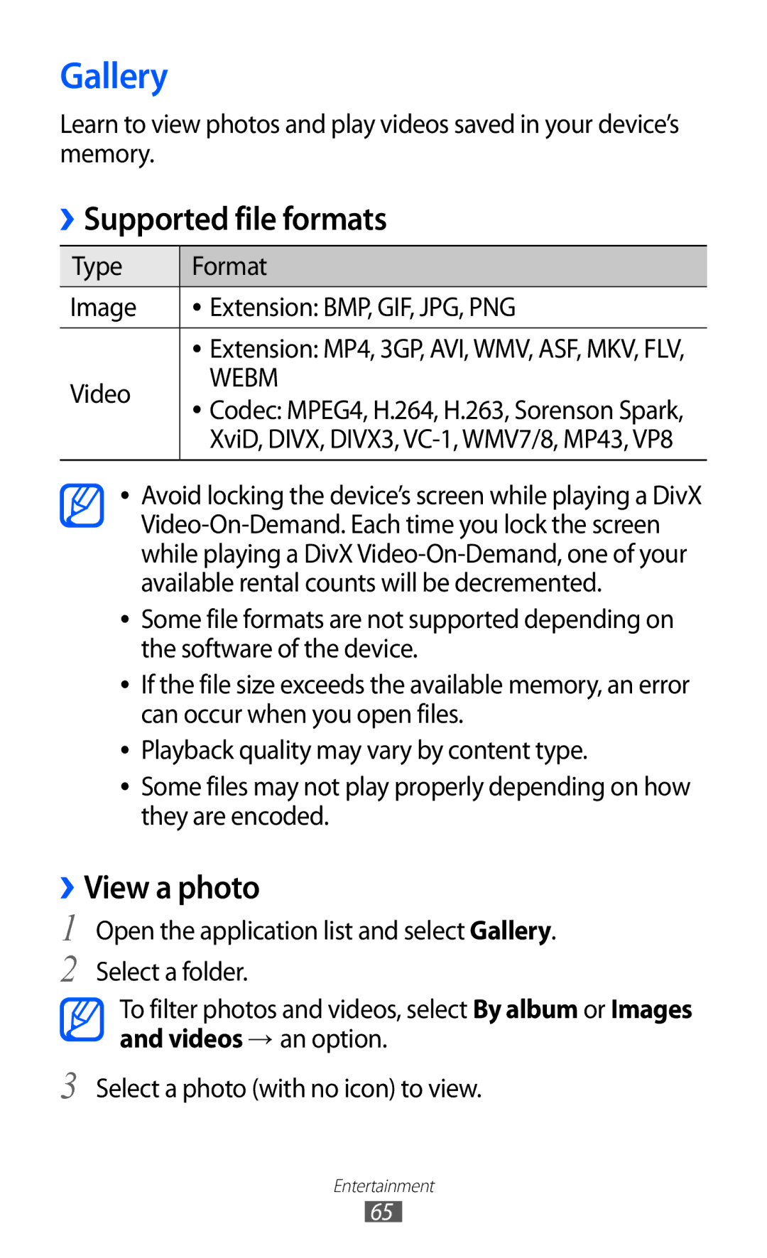 Samsung GT-P7300UWAJED, GT-P7300FKAARB, GT-P7300FKEJED, GT-P7300UWAAFR manual Gallery, Supported file formats, ››View a photo 