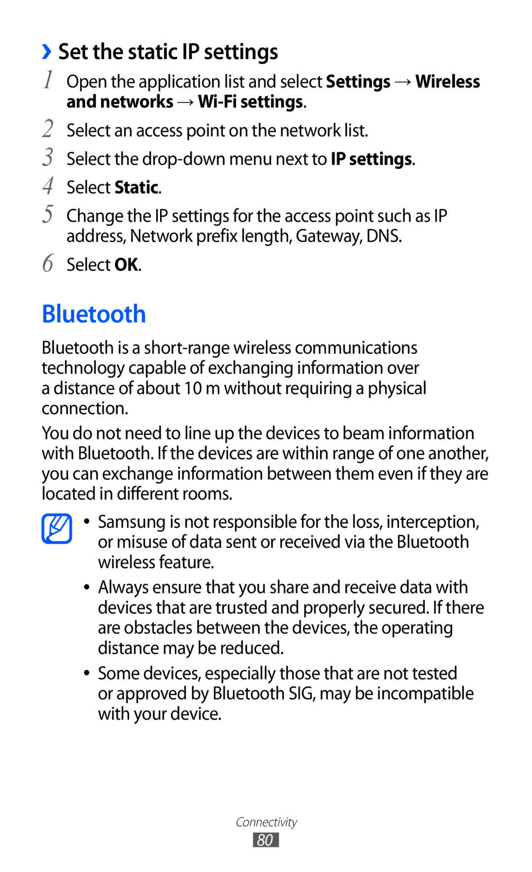 Samsung GT-P7300FKAAFR, GT-P7300FKAARB, GT-P7300FKEJED, GT-P7300UWAAFR manual Bluetooth, ››Set the static IP settings 