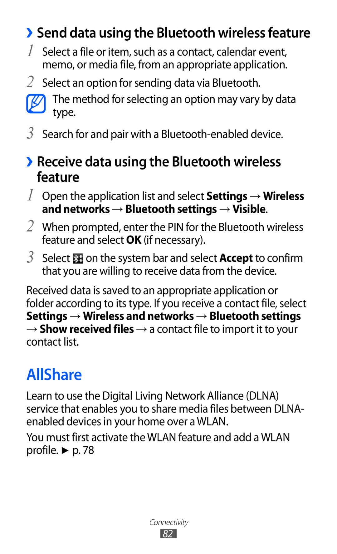 Samsung GT-P7300FKATMC, GT-P7300FKAARB, GT-P7300FKEJED manual AllShare, ››Receive data using the Bluetooth wireless feature 