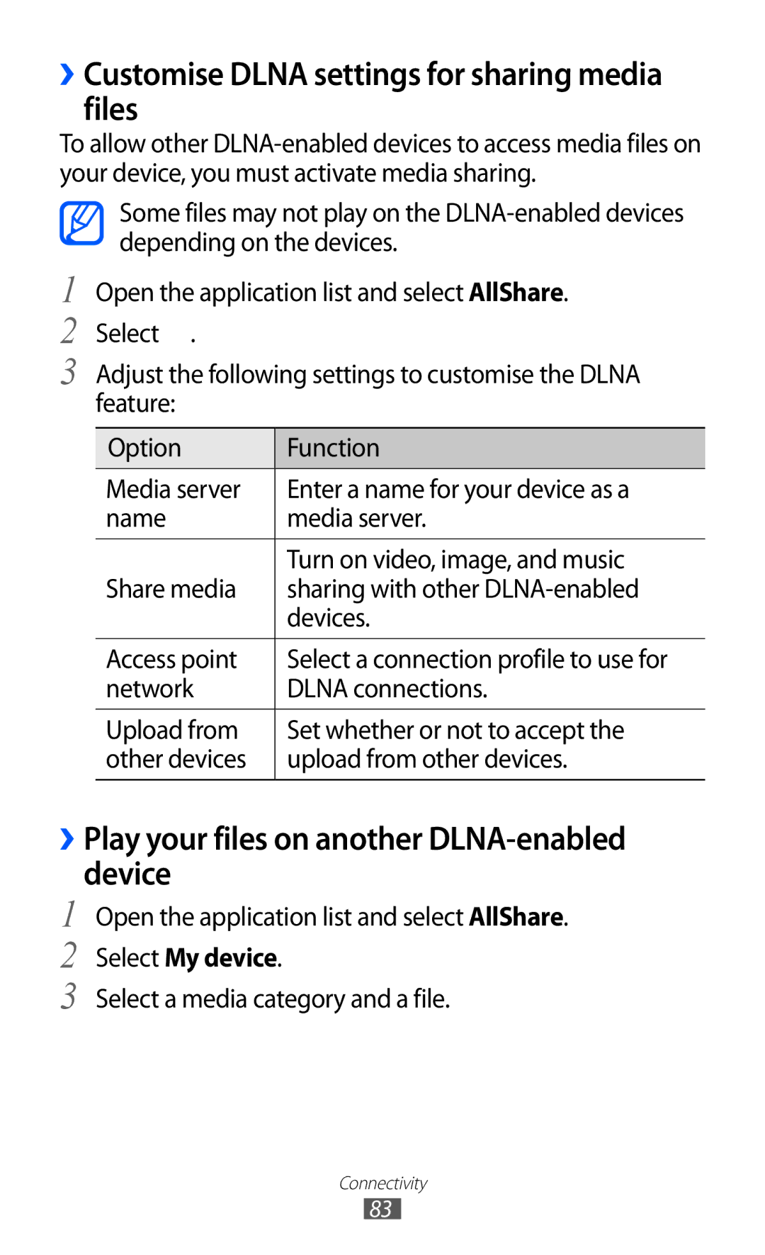 Samsung GT-P7300FKEECT ››Customise Dlna settings for sharing media files, ››Play your files on another DLNA-enabled device 