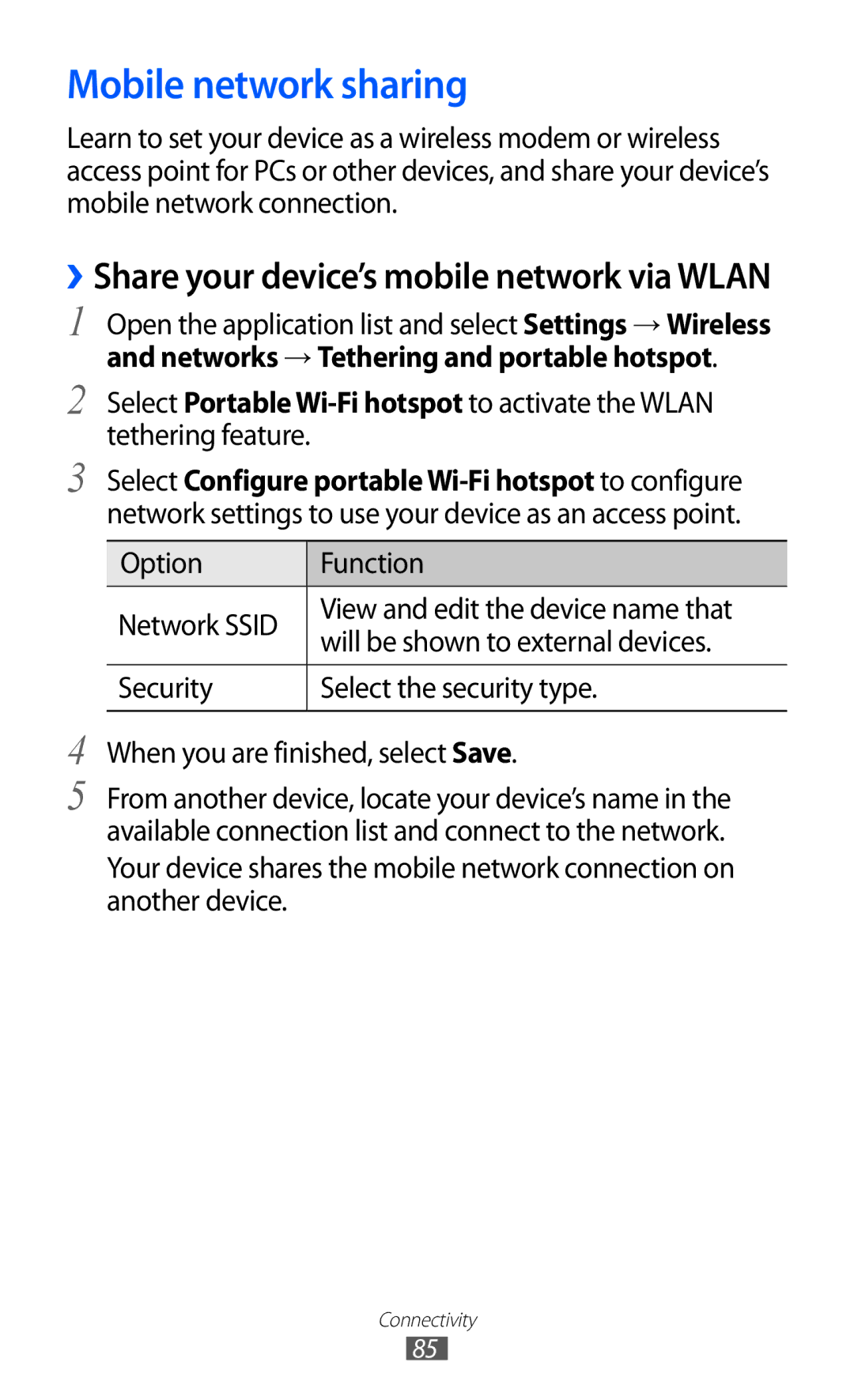 Samsung GT-P7300FKAMID, GT-P7300FKAARB manual Mobile network sharing, ››Share your device’s mobile network via Wlan 