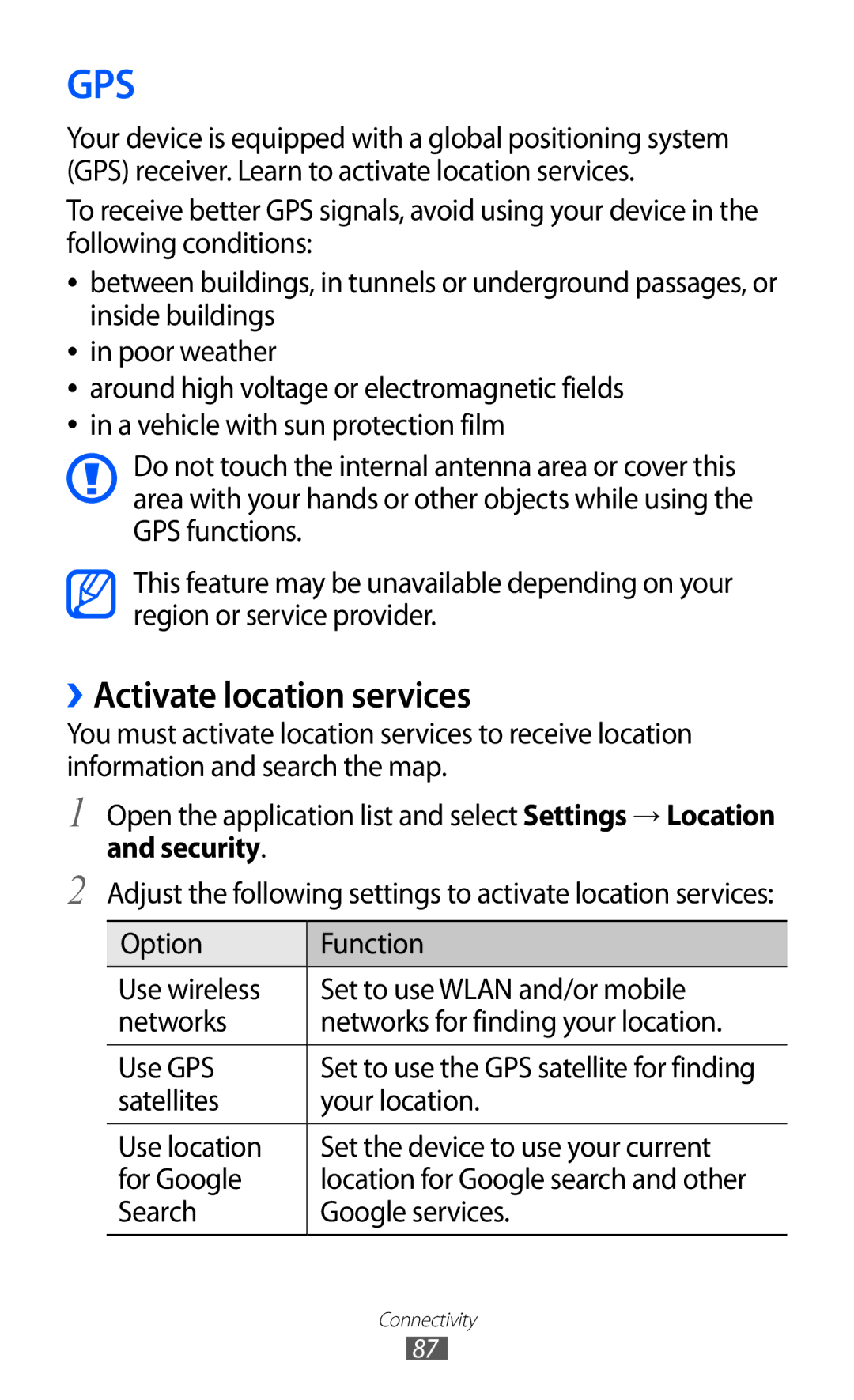 Samsung GT-P7300UWAARB, GT-P7300FKAARB, GT-P7300FKEJED, GT-P7300UWAAFR, GT-P7300UWABTC manual Gps, ››Activate location services 