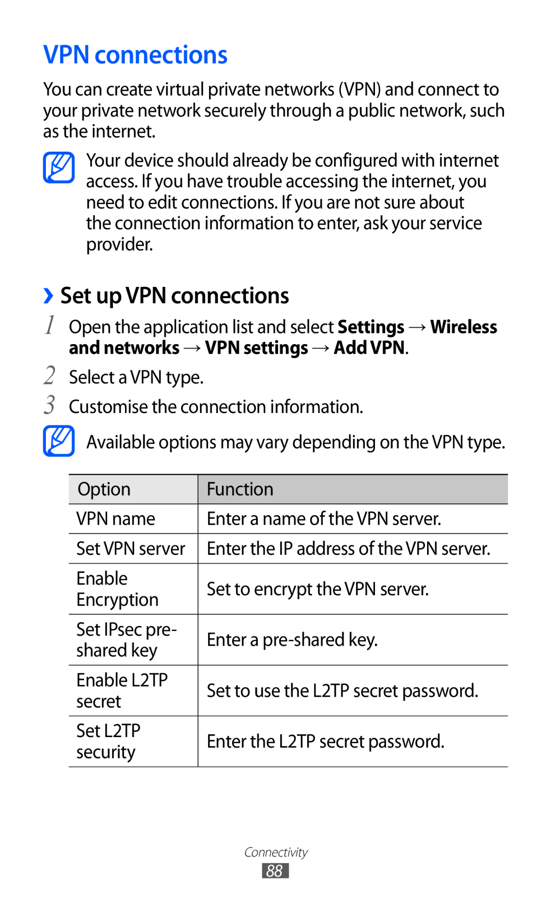 Samsung GT-P7300UWAXEV, GT-P7300FKAARB, GT-P7300FKEJED, GT-P7300UWAAFR, GT-P7300UWABTC manual ››Set up VPN connections 