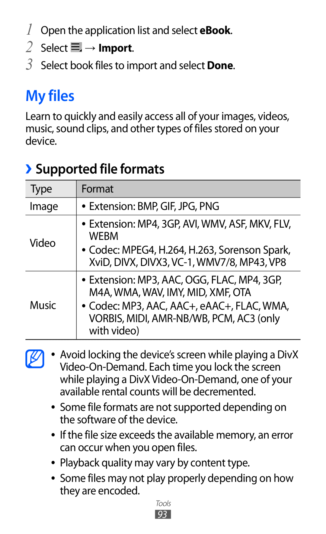 Samsung GT-P7300FKEJED, GT-P7300FKAARB, GT-P7300UWAAFR, GT-P7300UWABTC manual My files, M4A, WMA, WAV, IMY, MID, XMF, OTA 