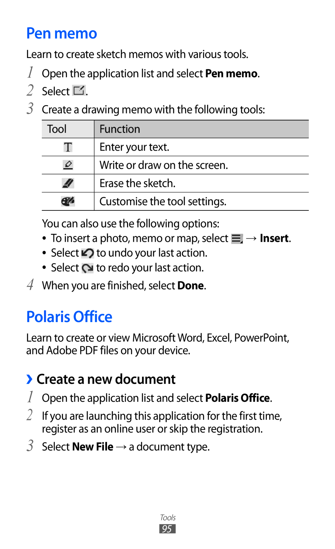 Samsung GT-P7300UWABTC, GT-P7300FKAARB, GT-P7300FKEJED, GT-P7300UWAAFR Pen memo, Polaris Office, ››Create a new document 