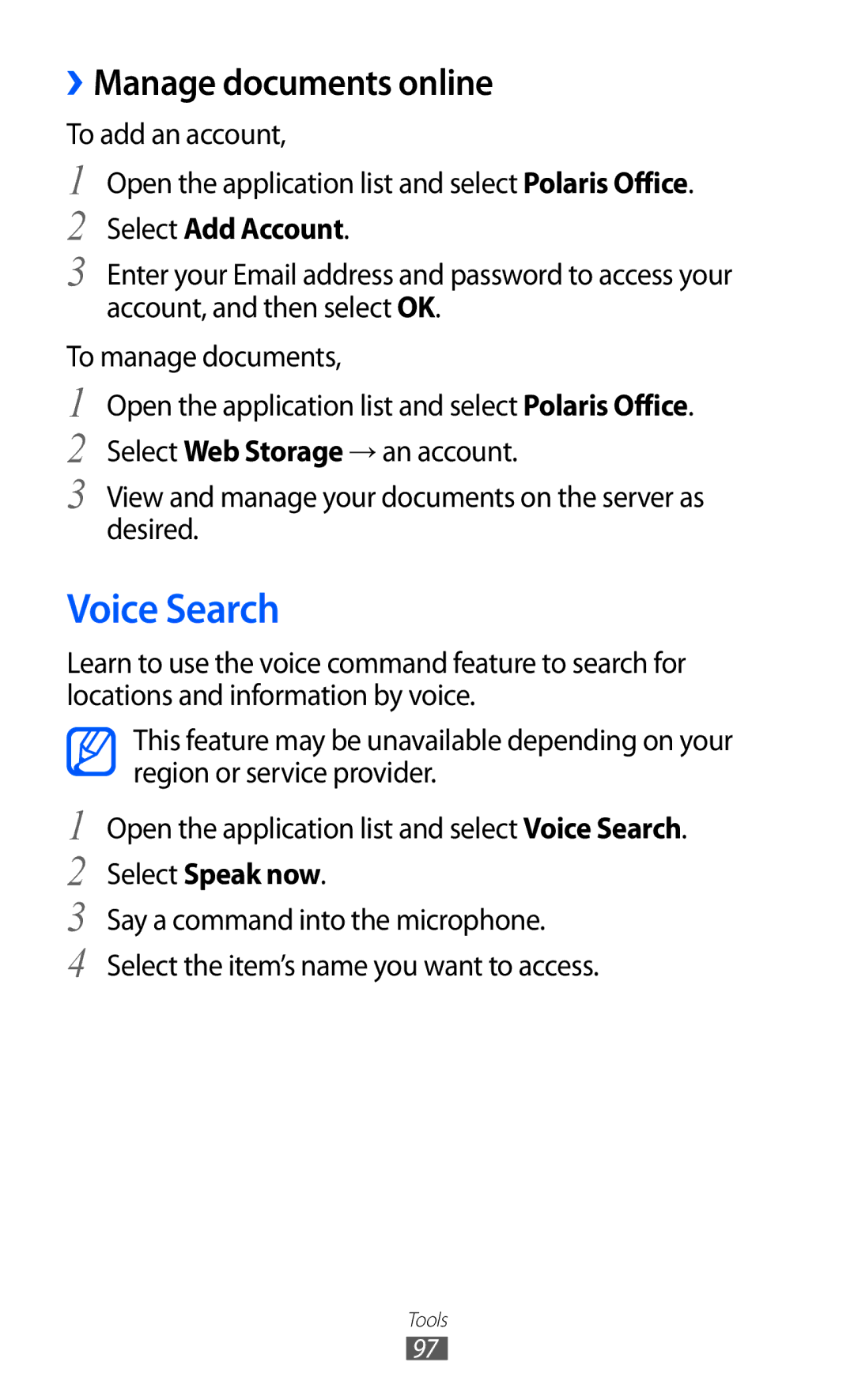 Samsung GT-P7300UWATHR, GT-P7300FKAARB manual Voice Search, ››Manage documents online, Select Add Account, Select Speak now 
