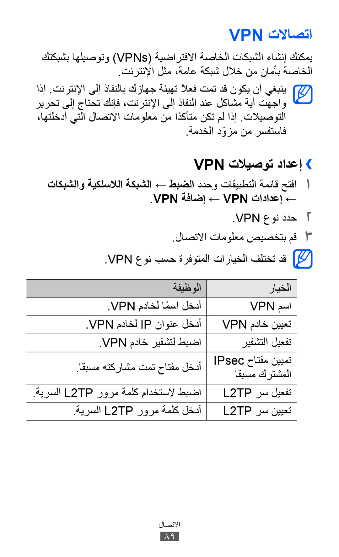 Samsung GT-P7300UWAXSG, GT-P7300FKAARB, GT-P7300FKEJED manual Vpn تلااصتا, Vpn تلايصوت دادعإ››, ةمدخلا دّوزم نم رسفتساف 