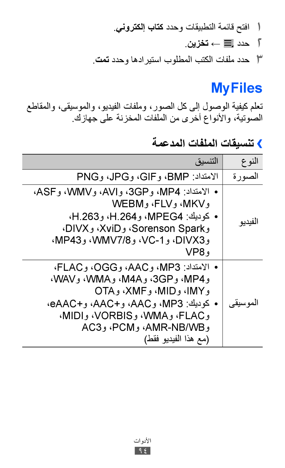 Samsung GT-P7300UWAMID, GT-P7300FKAARB, GT-P7300FKEJED manual MyFiles, ينورتكلإ باتك ددحو تاقيبطتلا ةمئاق حتفا1, نيزخت ← ددح2 