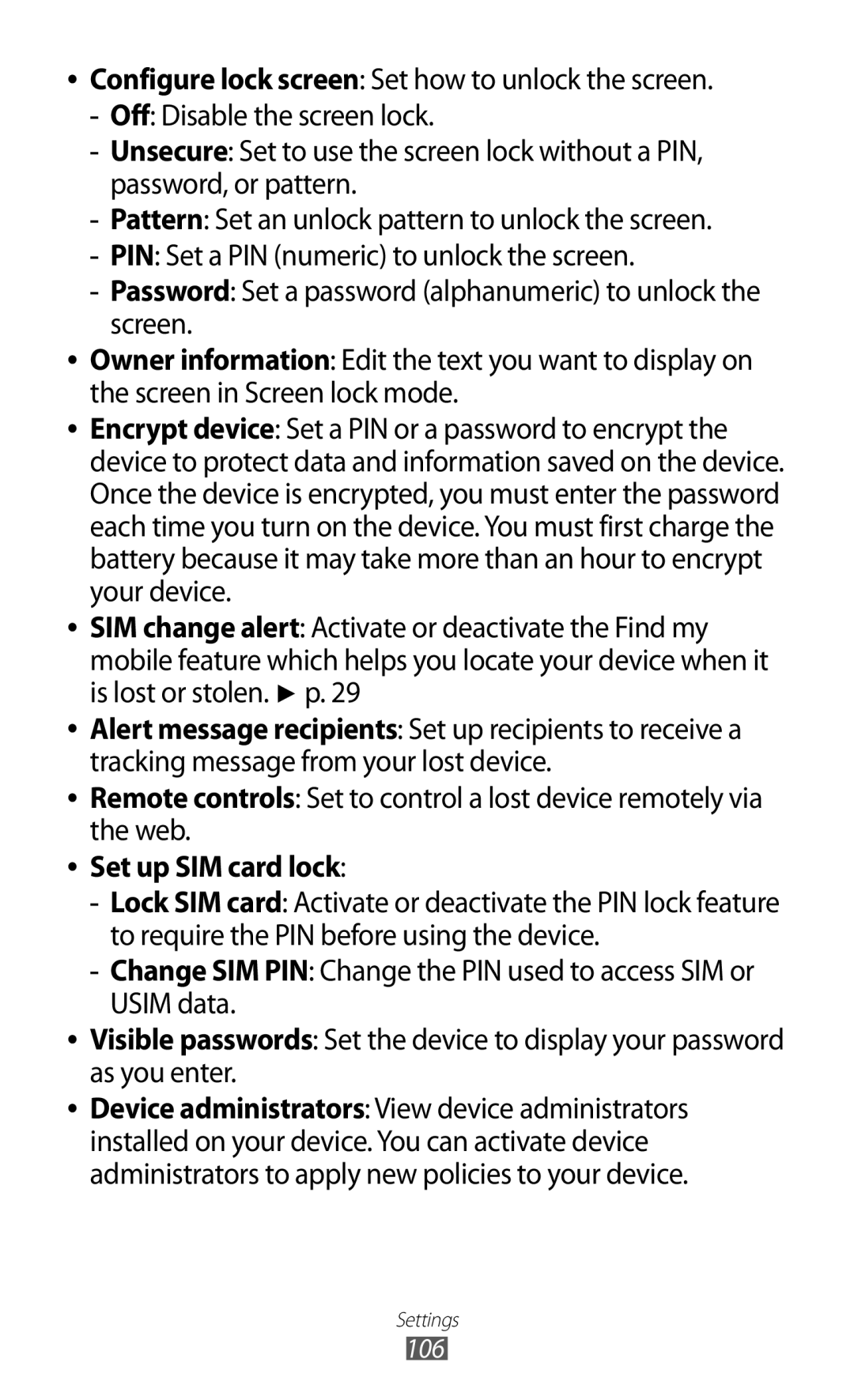 Samsung GT-P7300FKATHR, GT-P7300FKAARB, GT-P7300FKEJED, GT-P7300UWAAFR, GT-P7300UWABTC manual Set up SIM card lock, 106 