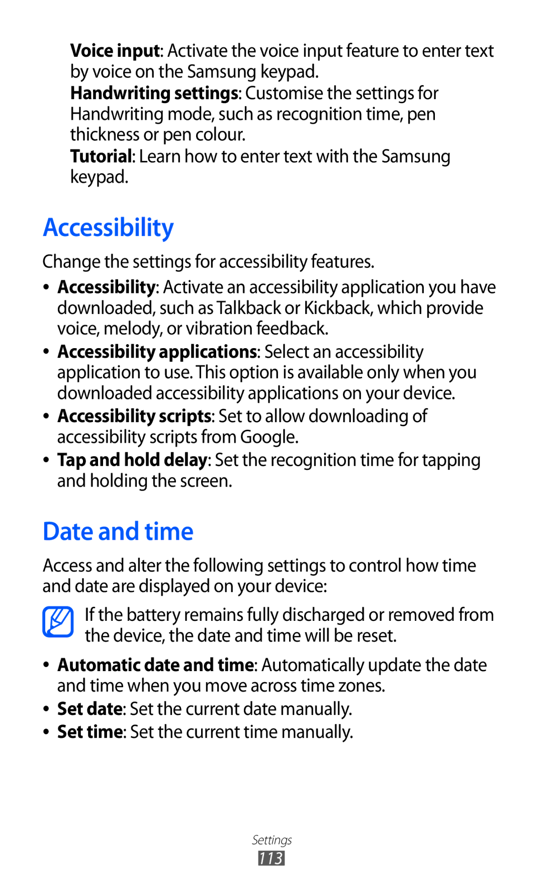 Samsung GT-P7300UWATUN, GT-P7300FKAARB, GT-P7300FKEJED, GT-P7300UWAAFR, GT-P7300UWABTC manual Accessibility, Date and time 
