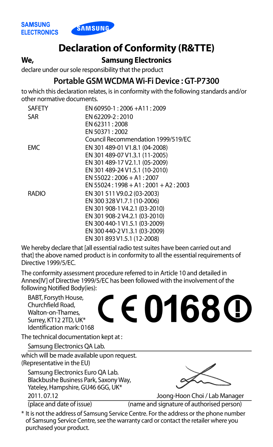 Samsung GT-P7300FKEJED, GT-P7300FKAARB manual Declaration of Conformity R&TTE, Portable GSM Wcdma Wi-Fi Device GT-P7300 