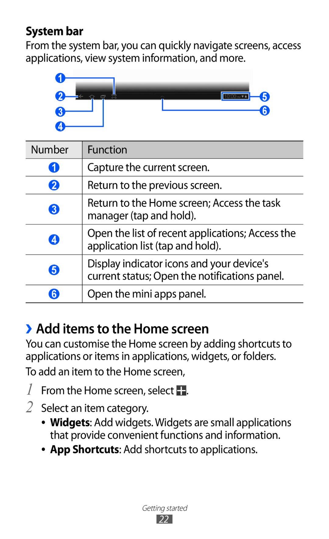 Samsung GT-P7300FKEECT, GT-P7300FKAARB, GT-P7300FKEJED, GT-P7300UWAAFR manual ››Add items to the Home screen, System bar 