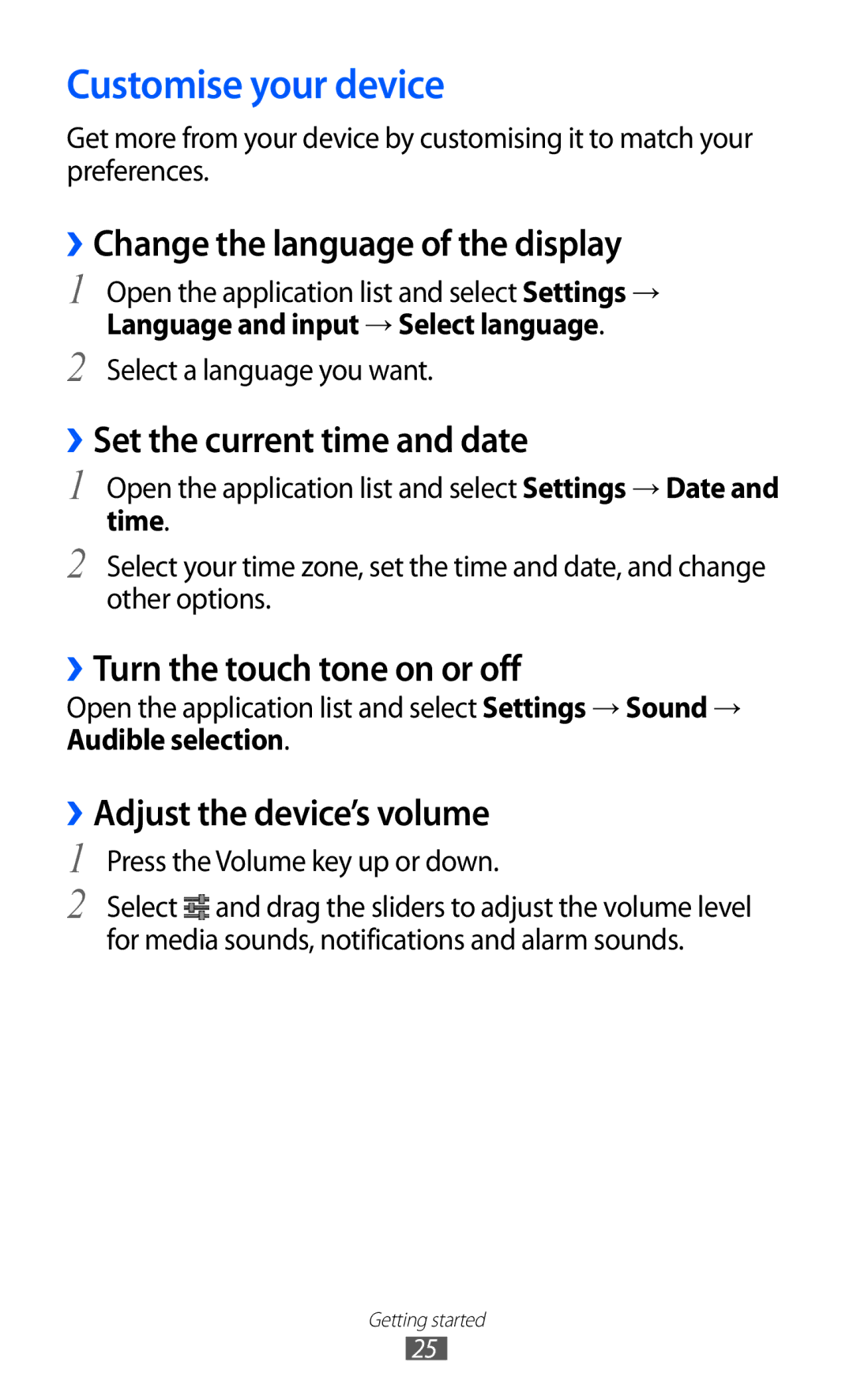 Samsung GT-P7300FKEKSA manual Customise your device, ››Change the language of the display, ››Set the current time and date 