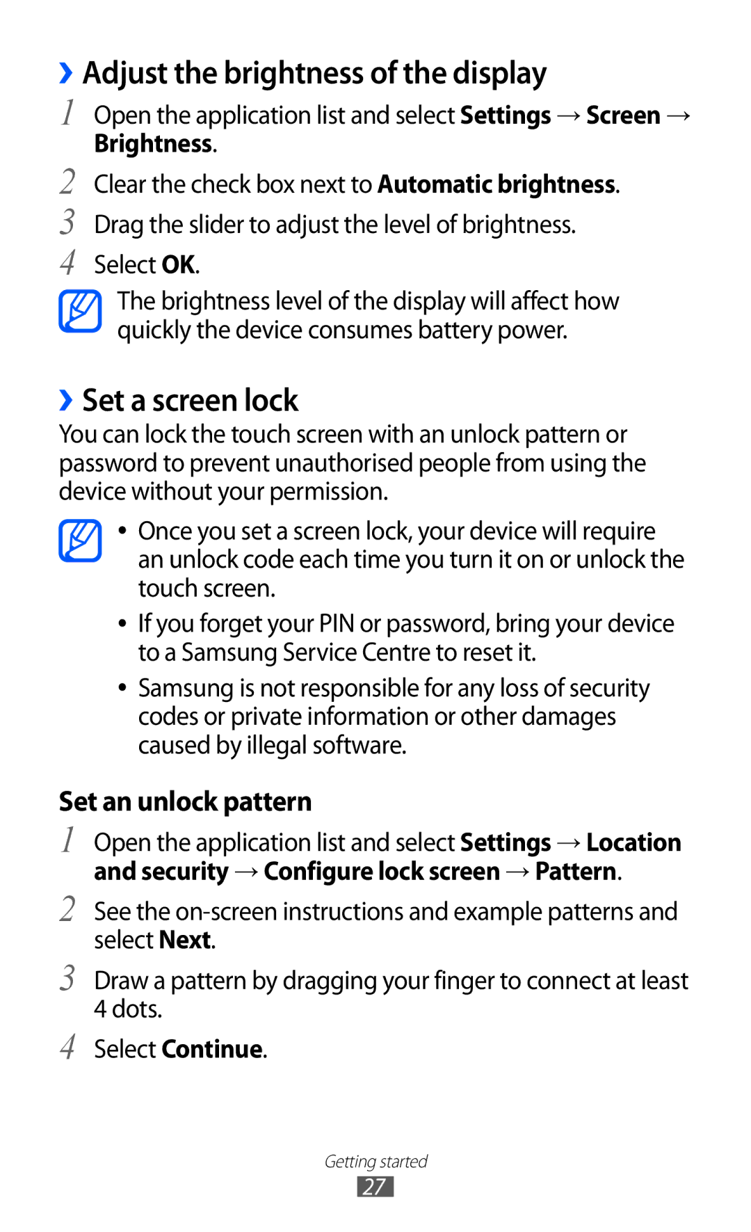 Samsung GT-P7300UWAXEV, GT-P7300FKAARB, GT-P7300FKEJED manual ››Adjust the brightness of the display, ››Set a screen lock 