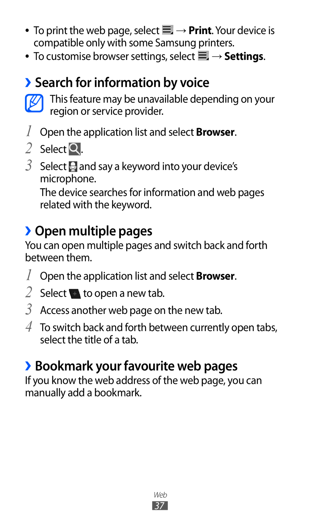 Samsung GT-P7300UWAJED manual ››Search for information by voice, ››Open multiple pages, ››Bookmark your favourite web pages 