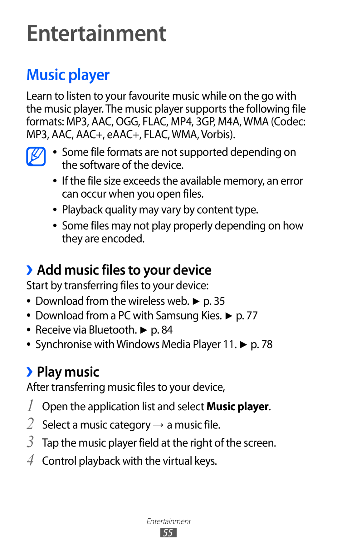 Samsung GT-P7300FKEECT, GT-P7300FKAARB manual Entertainment, Music player, ››Add music files to your device, ››Play music 