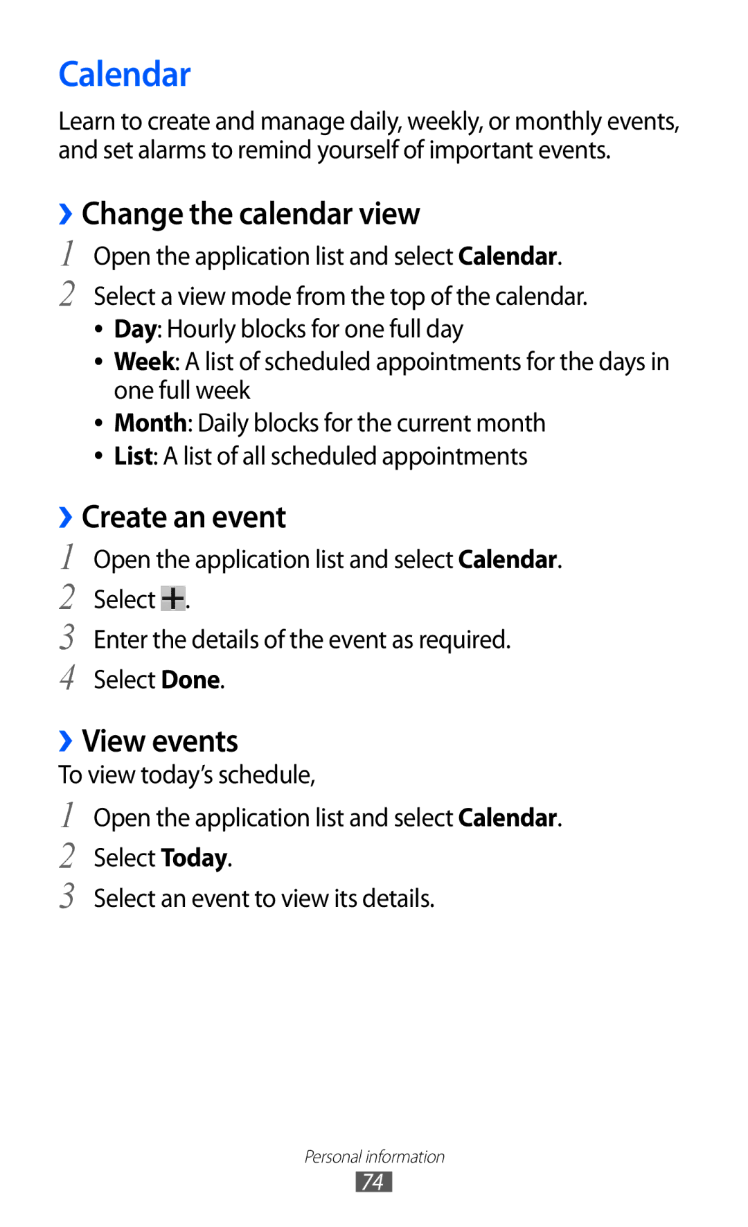 Samsung GT-P7300UWAXSG, GT-P7300FKAARB manual Calendar, ››Change the calendar view, ››Create an event, ››View events 