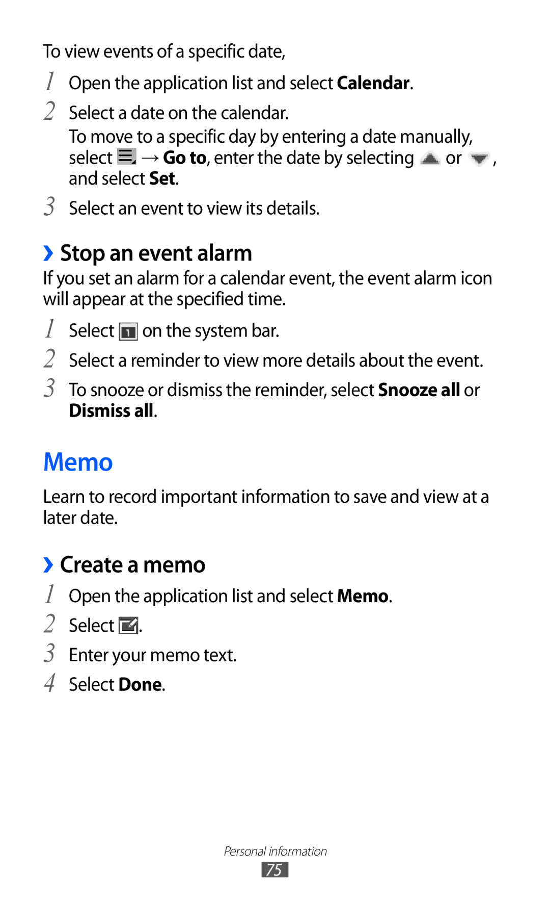 Samsung GT-P7300UWEKSA, GT-P7300FKAARB, GT-P7300FKEJED manual Memo, ››Stop an event alarm, ››Create a memo, Dismiss all 