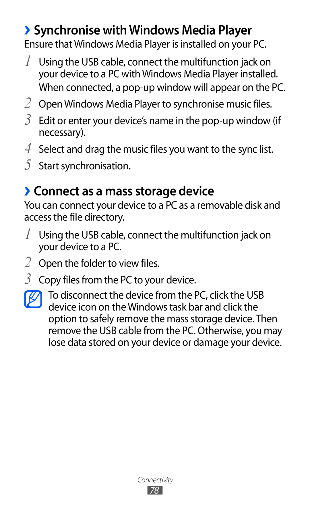 Samsung GT-P7300FKAXSG, GT-P7300FKAARB manual ››Synchronise with Windows Media Player, ››Connect as a mass storage device 