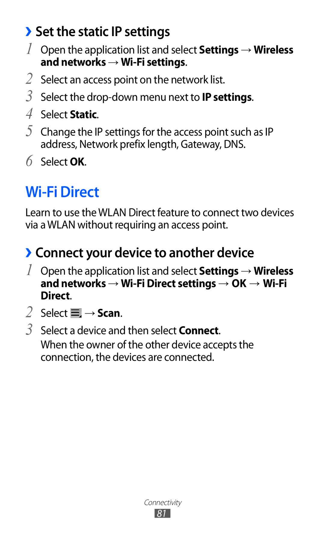 Samsung GT-P7300UWEXSG, GT-P7300FKAARB Wi-Fi Direct, ››Set the static IP settings, ››Connect your device to another device 