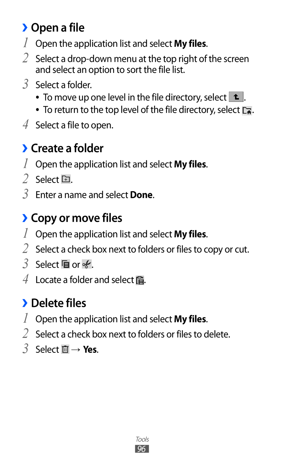 Samsung GT-P7300FKAXEV, GT-P7300FKAARB manual Open a file, Create a folder, Copy or move files, Delete files, → Yes 