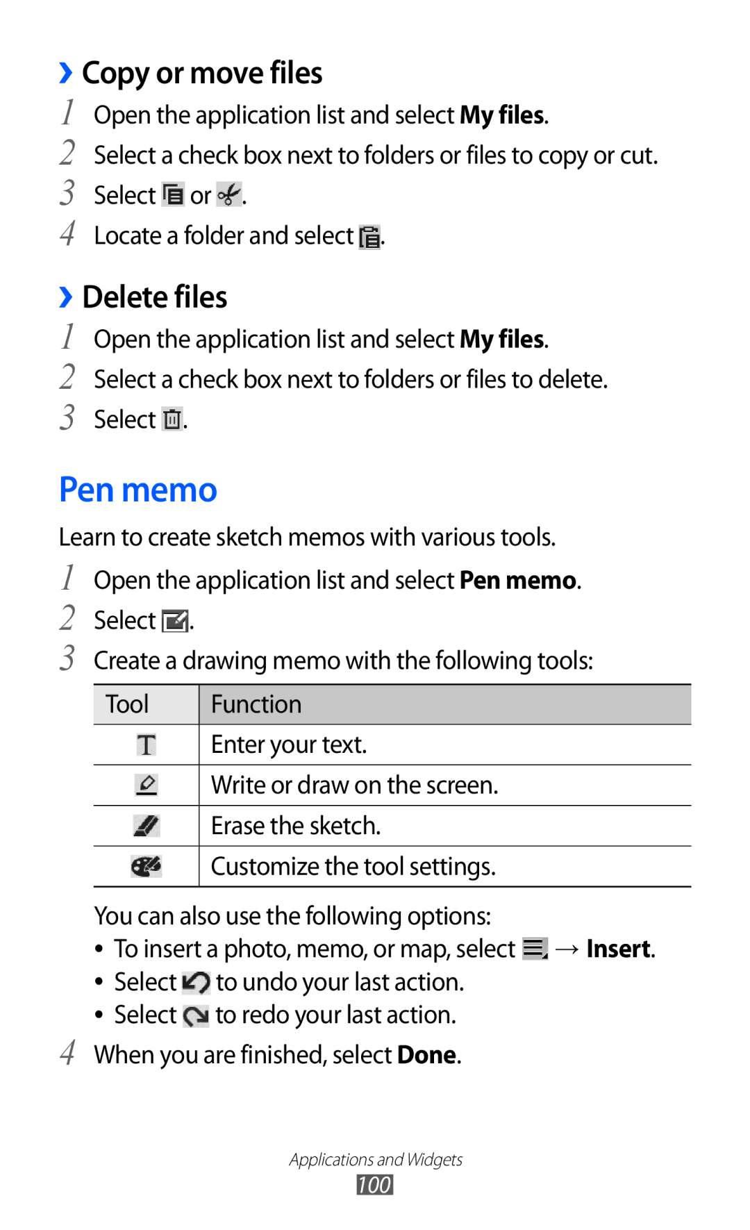 Samsung GT-P7300FKEJED, GT-P7300FKAARB, GT-P7300UWAAFR, GT-P7300UWABTC manual Pen memo, Copy or move files, Delete files 