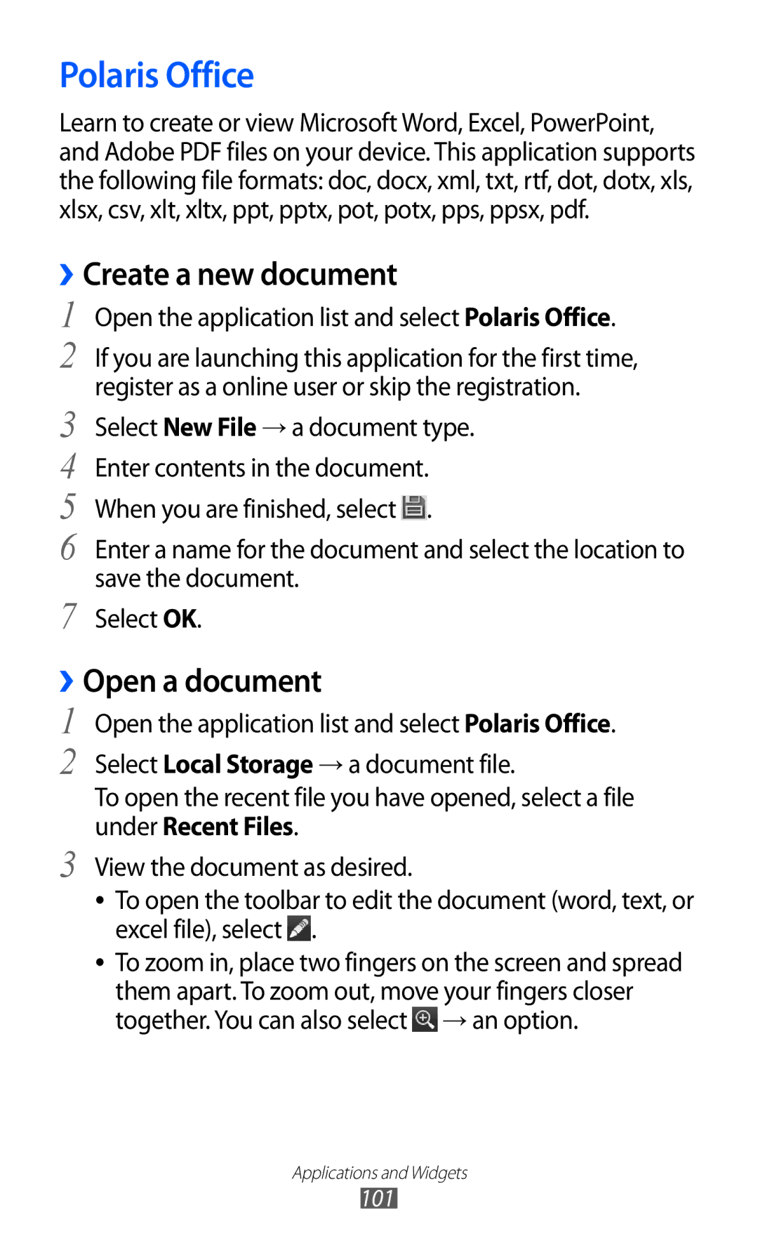 Samsung GT-P7300UWAAFR, GT-P7300FKAARB, GT-P7300FKEJED manual Polaris Office, ››Create a new document, ››Open a document 