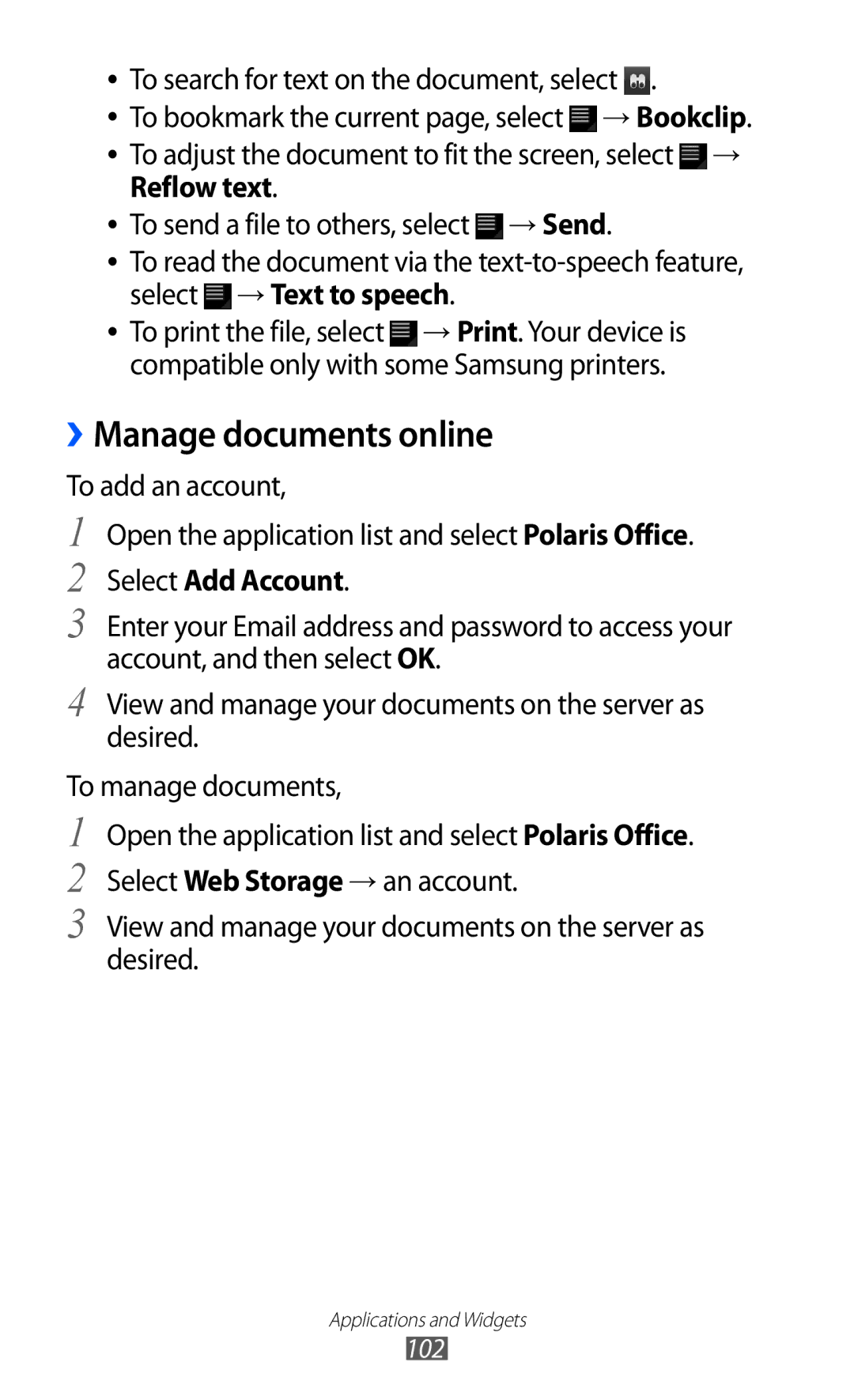 Samsung GT-P7300UWABTC, GT-P7300FKAARB, GT-P7300FKEJED, GT-P7300UWAAFR manual ››Manage documents online, Select Add Account 