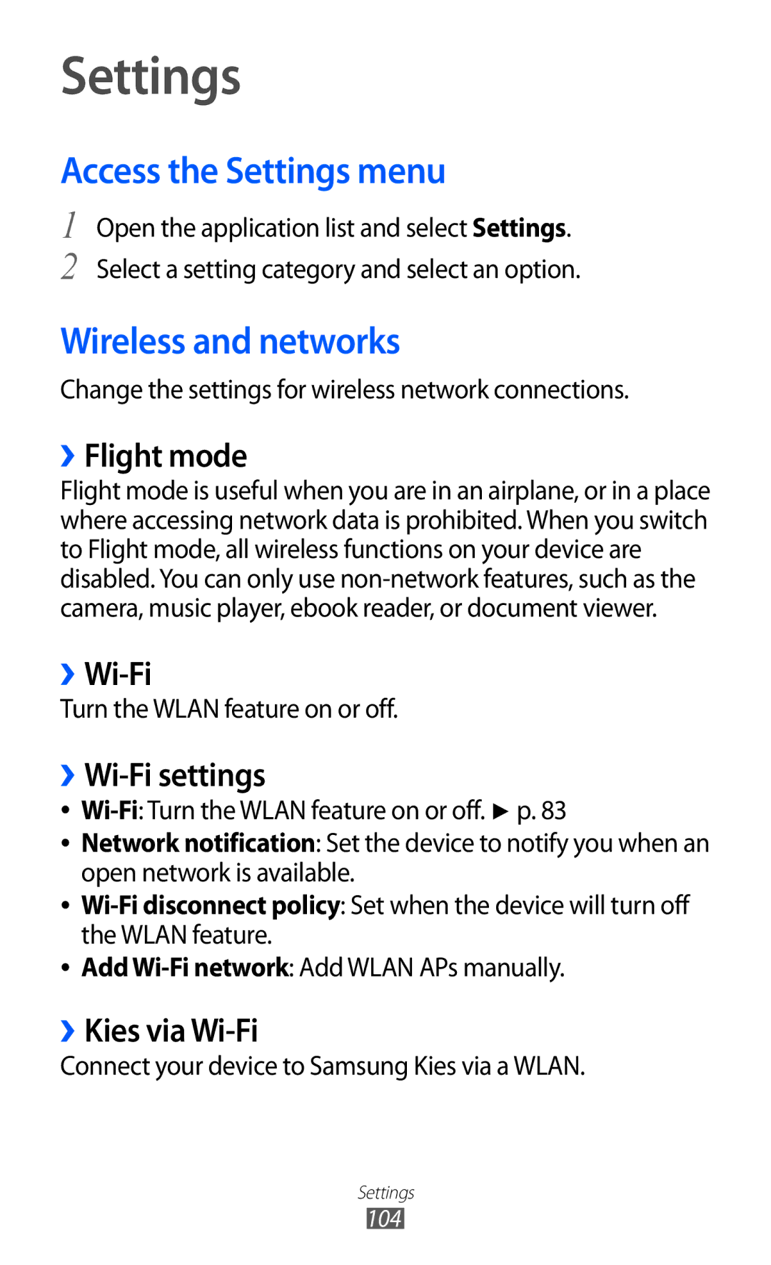 Samsung GT-P7300UWATHR, GT-P7300FKAARB, GT-P7300FKEJED, GT-P7300UWAAFR Access the Settings menu, Wireless and networks 