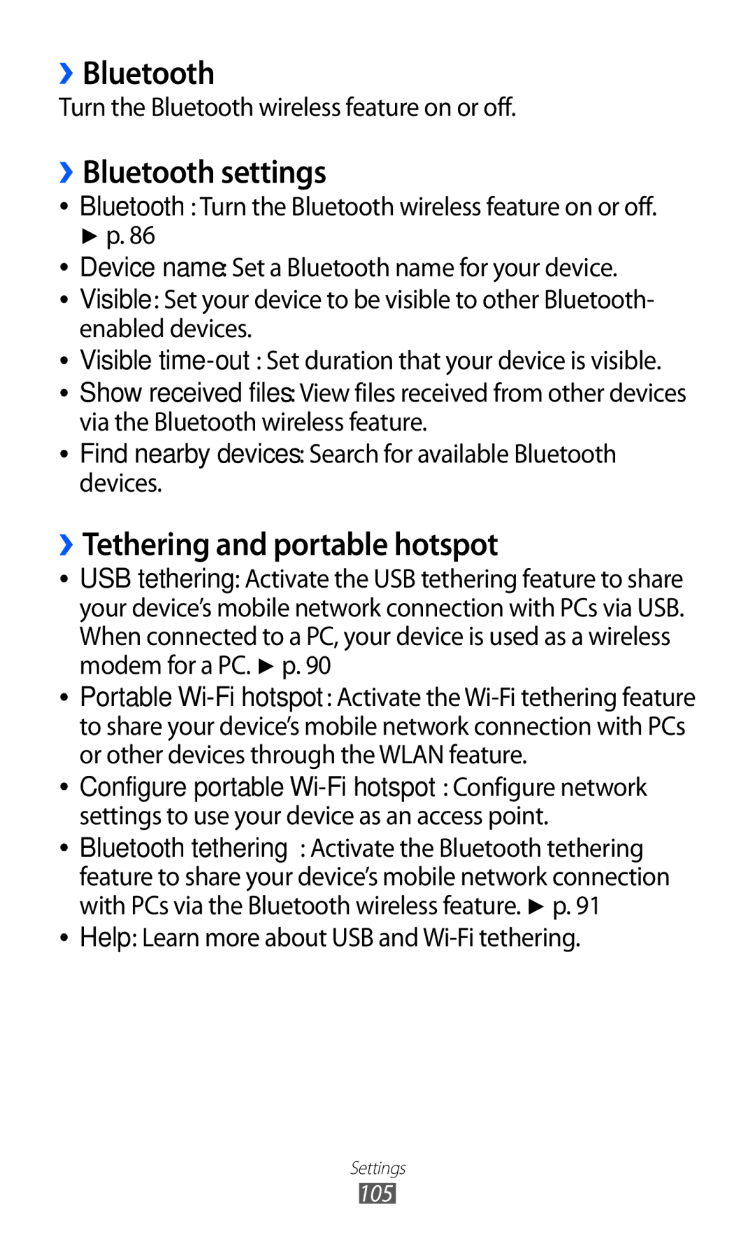 Samsung GT-P7300FKAJED, GT-P7300FKAARB, GT-P7300FKEJED manual ››Bluetooth settings, ››Tethering and portable hotspot 