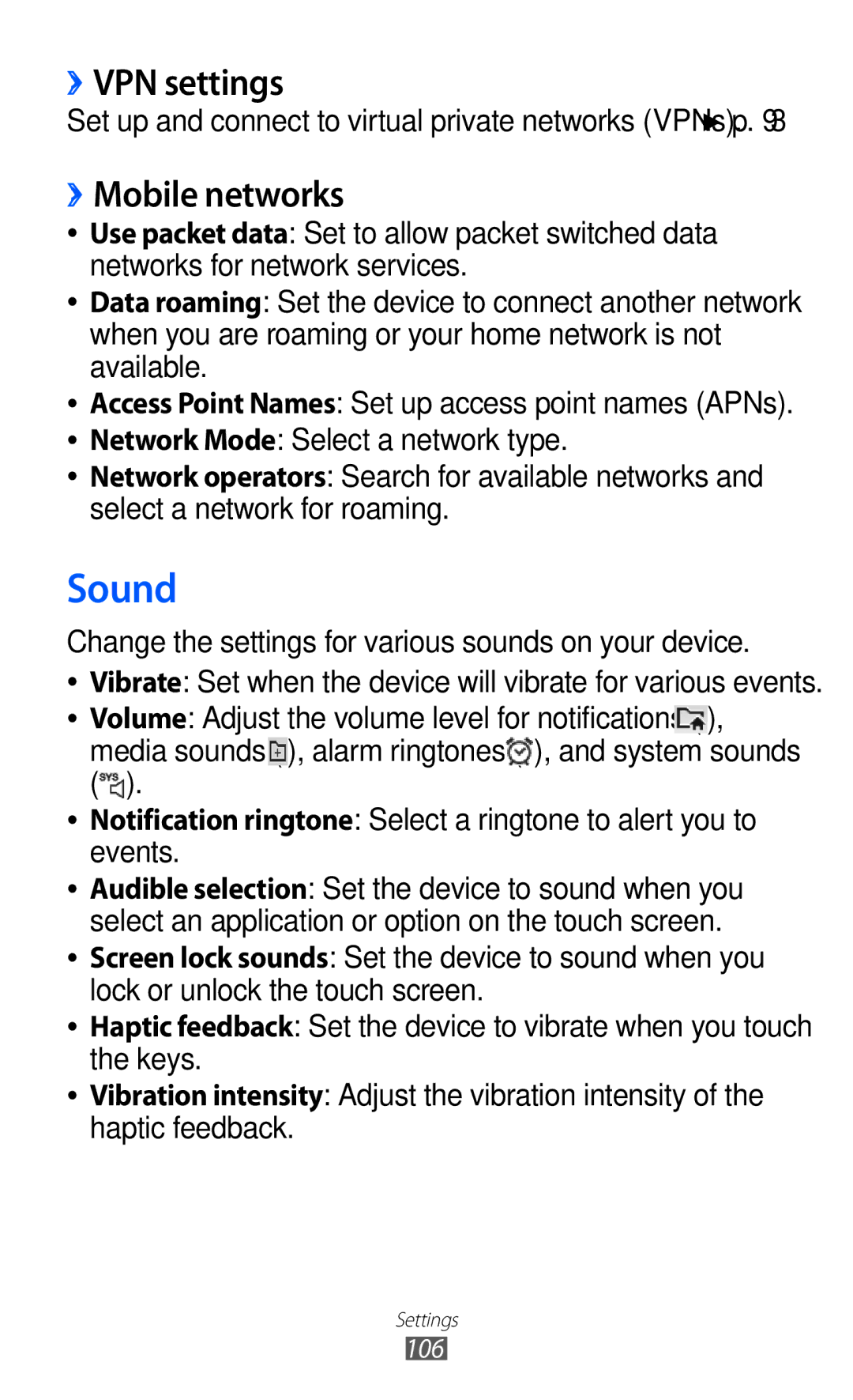 Samsung GT-P7300FKATHR, GT-P7300FKAARB, GT-P7300FKEJED, GT-P7300UWAAFR manual Sound, ››VPN settings, ››Mobile networks 