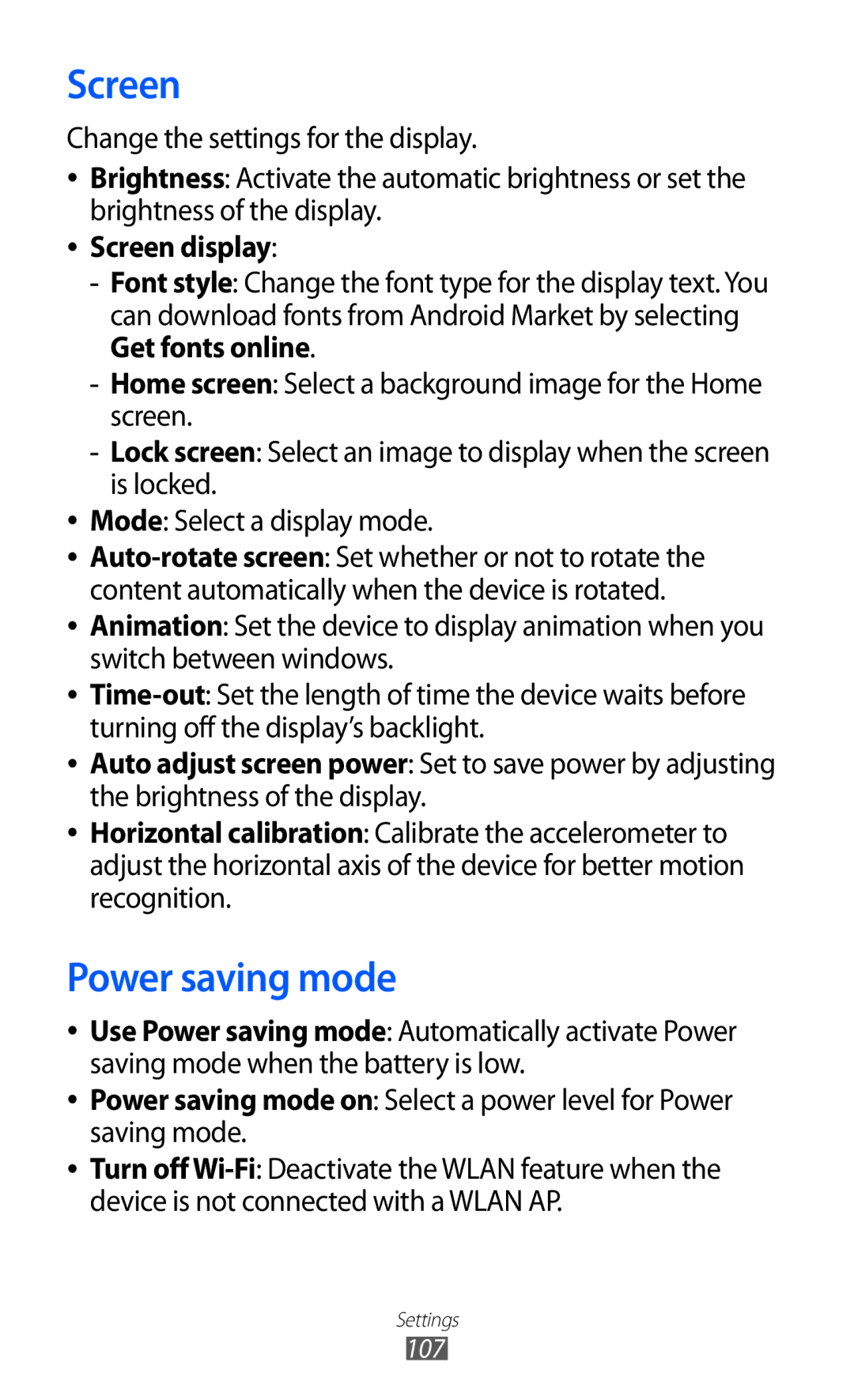 Samsung GT-P7300UWAXSG, GT-P7300FKAARB, GT-P7300FKEJED, GT-P7300UWAAFR, GT-P7300UWABTC Power saving mode, Screen display 