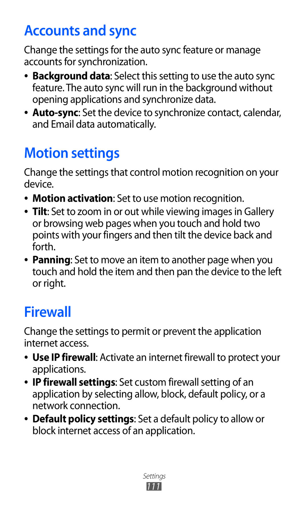 Samsung GT-P7300FKAXSG, GT-P7300FKAARB, GT-P7300FKEJED, GT-P7300UWAAFR manual Accounts and sync, Motion settings, Firewall 