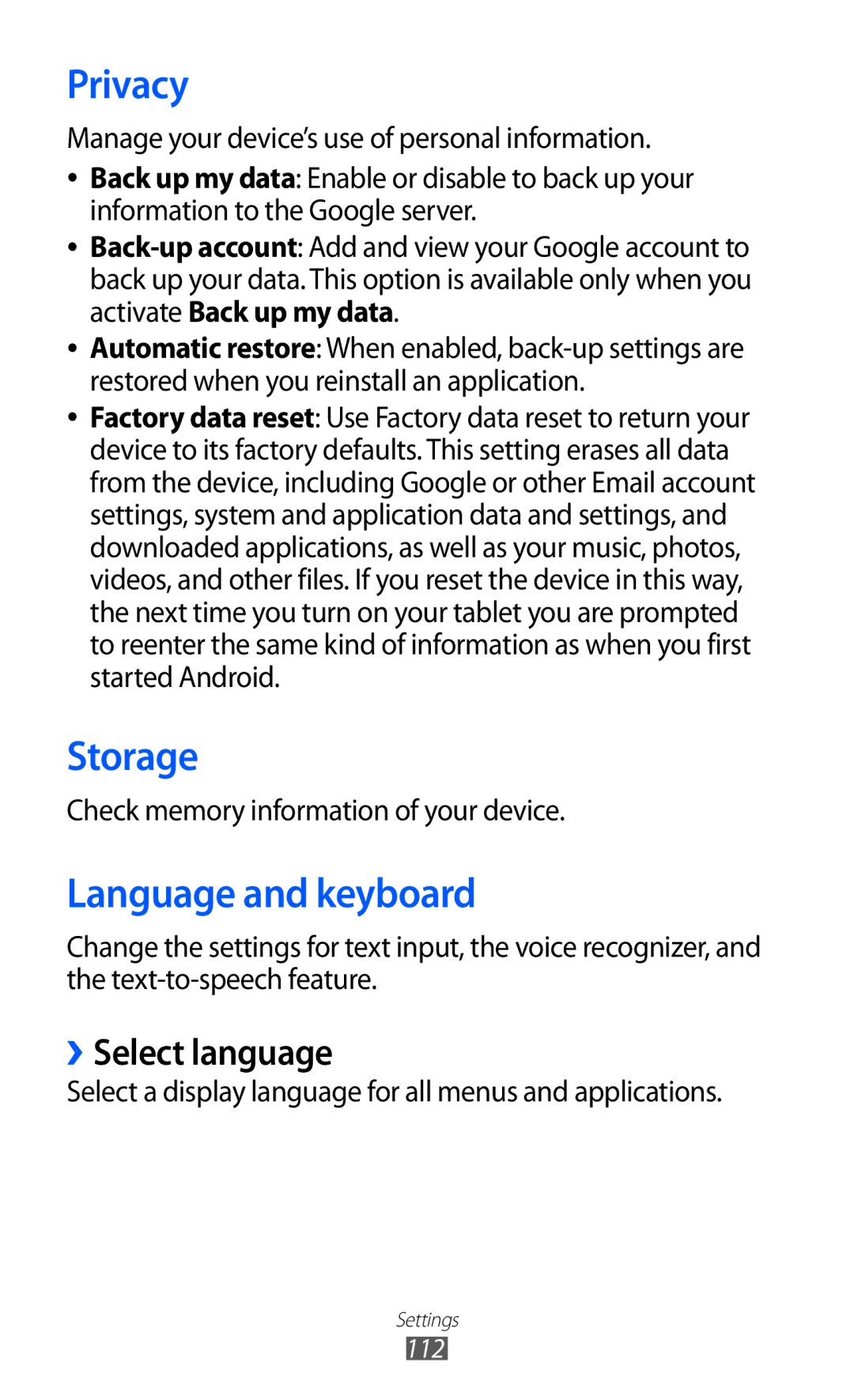 Samsung GT-P7300UWAMID, GT-P7300FKAARB, GT-P7300FKEJED manual Privacy, Storage, Language and keyboard, ››Select language 