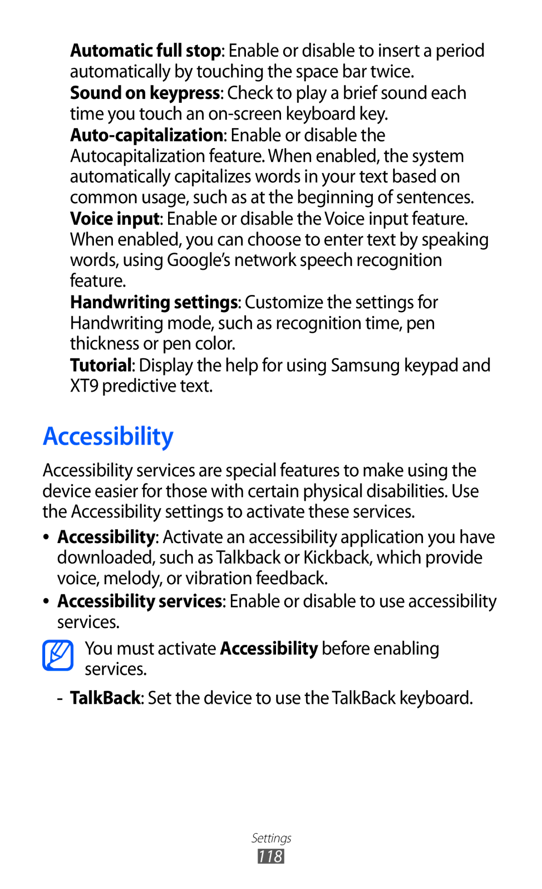 Samsung GT-P7300FKAAFR, GT-P7300FKAARB, GT-P7300FKEJED, GT-P7300UWAAFR, GT-P7300UWABTC, GT-P7300UWAJED manual Accessibility 