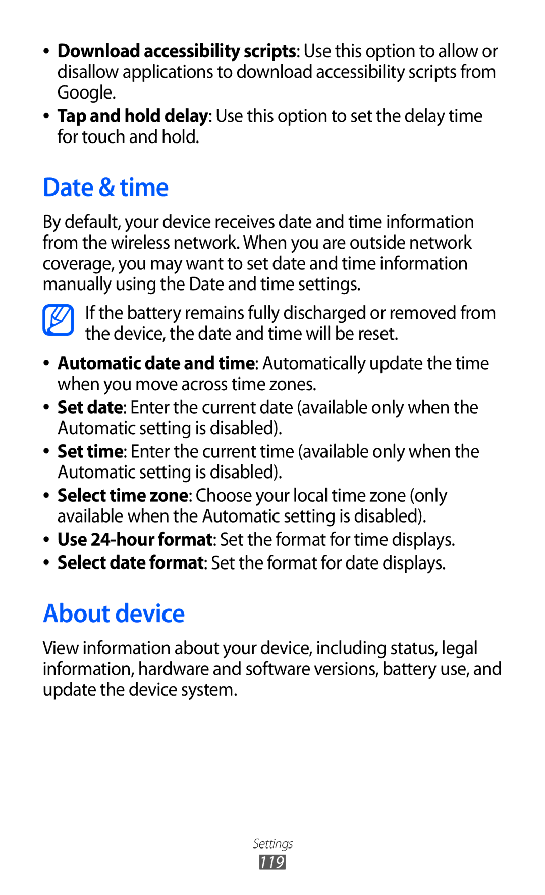 Samsung GT-P7300FKASKZ, GT-P7300FKAARB, GT-P7300FKEJED, GT-P7300UWAAFR, GT-P7300UWABTC manual Date & time, About device 