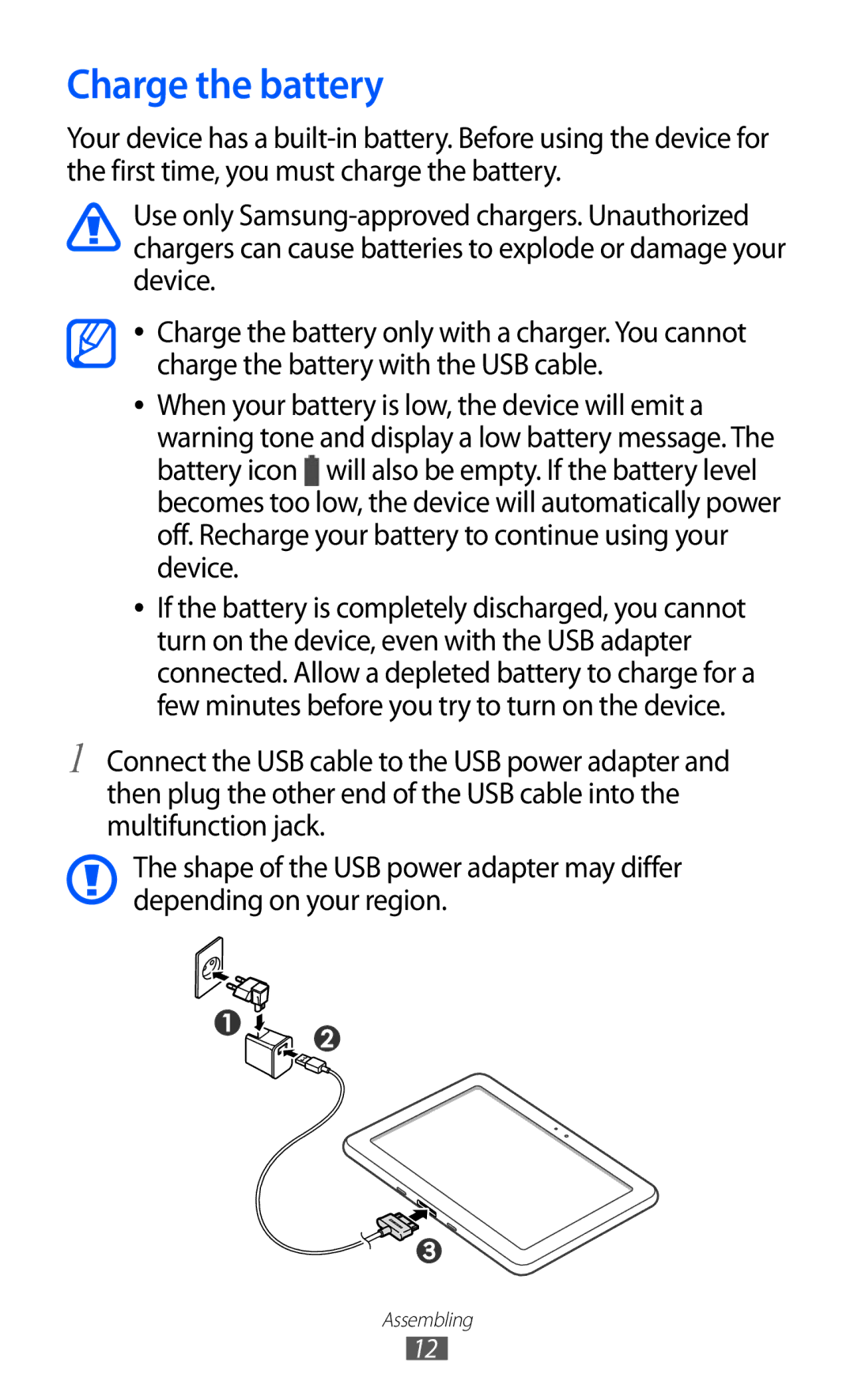 Samsung GT-P7300FKAXSG, GT-P7300FKAARB, GT-P7300FKEJED, GT-P7300UWAAFR, GT-P7300UWABTC, GT-P7300UWAJED manual Charge the battery 