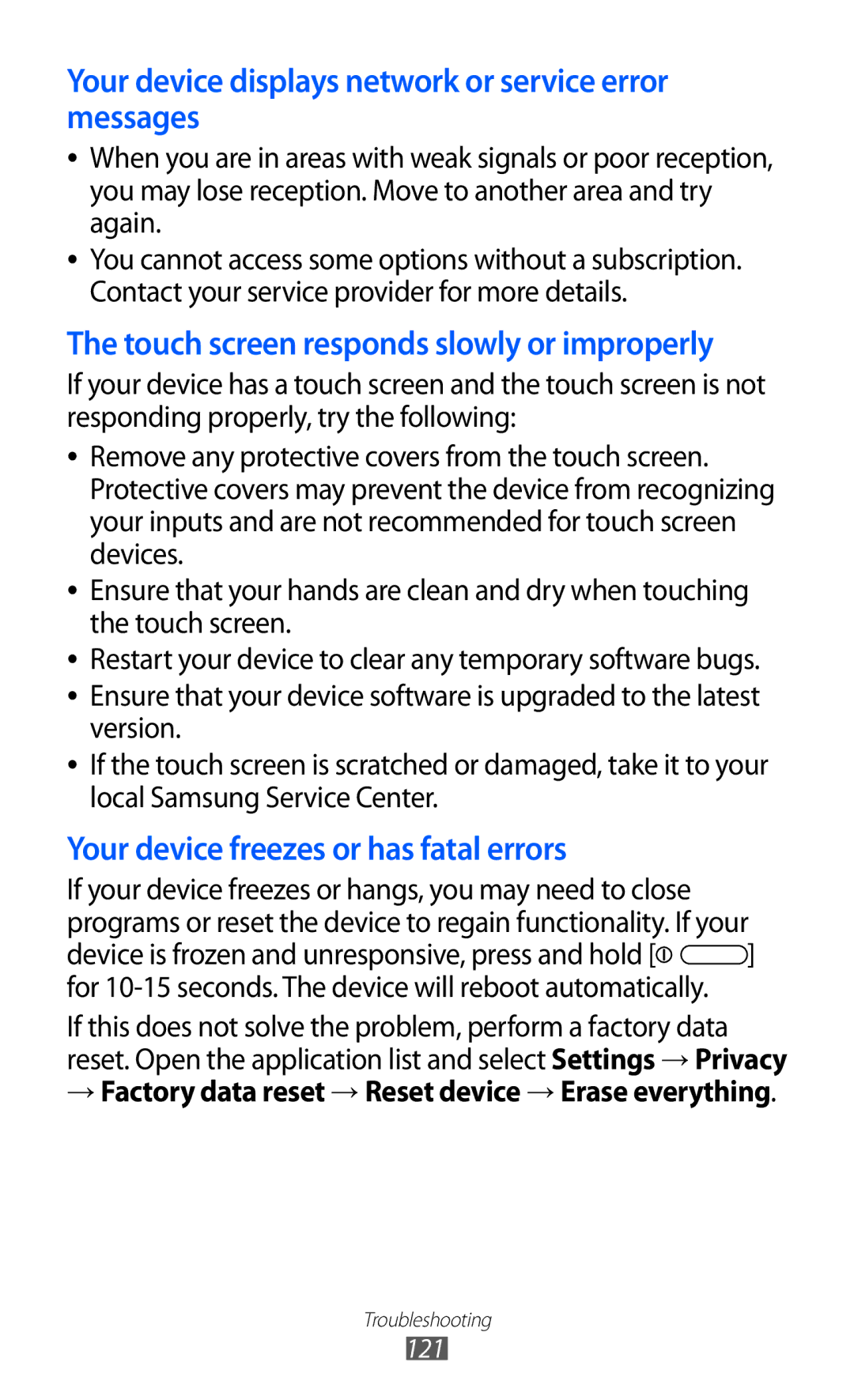 Samsung GT-P7300FKEECT, GT-P7300FKAARB, GT-P7300FKEJED manual Your device displays network or service error messages 