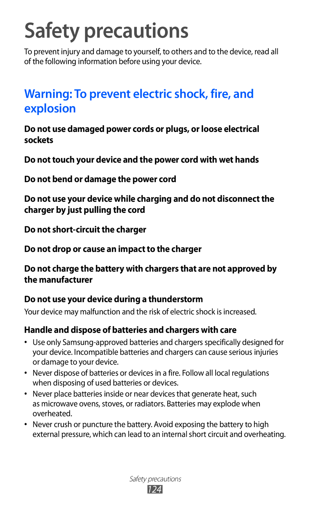 Samsung GT-P7300FKEKSA, GT-P7300FKAARB manual Safety precautions, Handle and dispose of batteries and chargers with care 