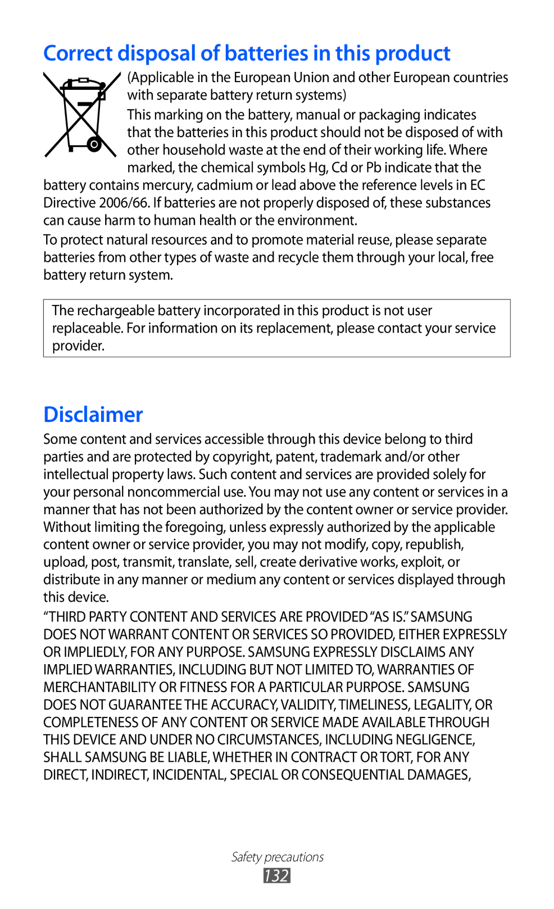 Samsung GT-P7300FKAARB, GT-P7300FKEJED, GT-P7300UWAAFR, GT-P7300UWABTC manual Correct disposal of batteries in this product 