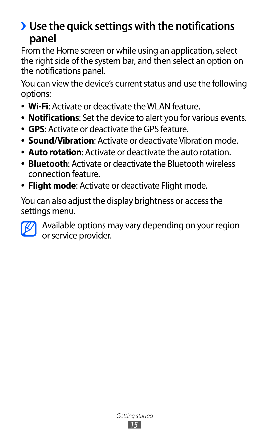 Samsung GT-P7300UWEXSG, GT-P7300FKAARB, GT-P7300FKEJED, GT-P7300UWAAFR ››Use the quick settings with the notifications panel 