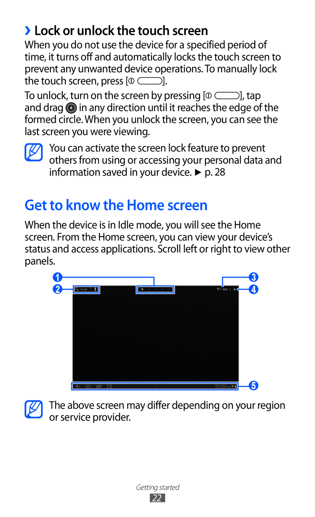 Samsung GT-P7300FKEECT, GT-P7300FKAARB, GT-P7300FKEJED manual Get to know the Home screen, ››Lock or unlock the touch screen 