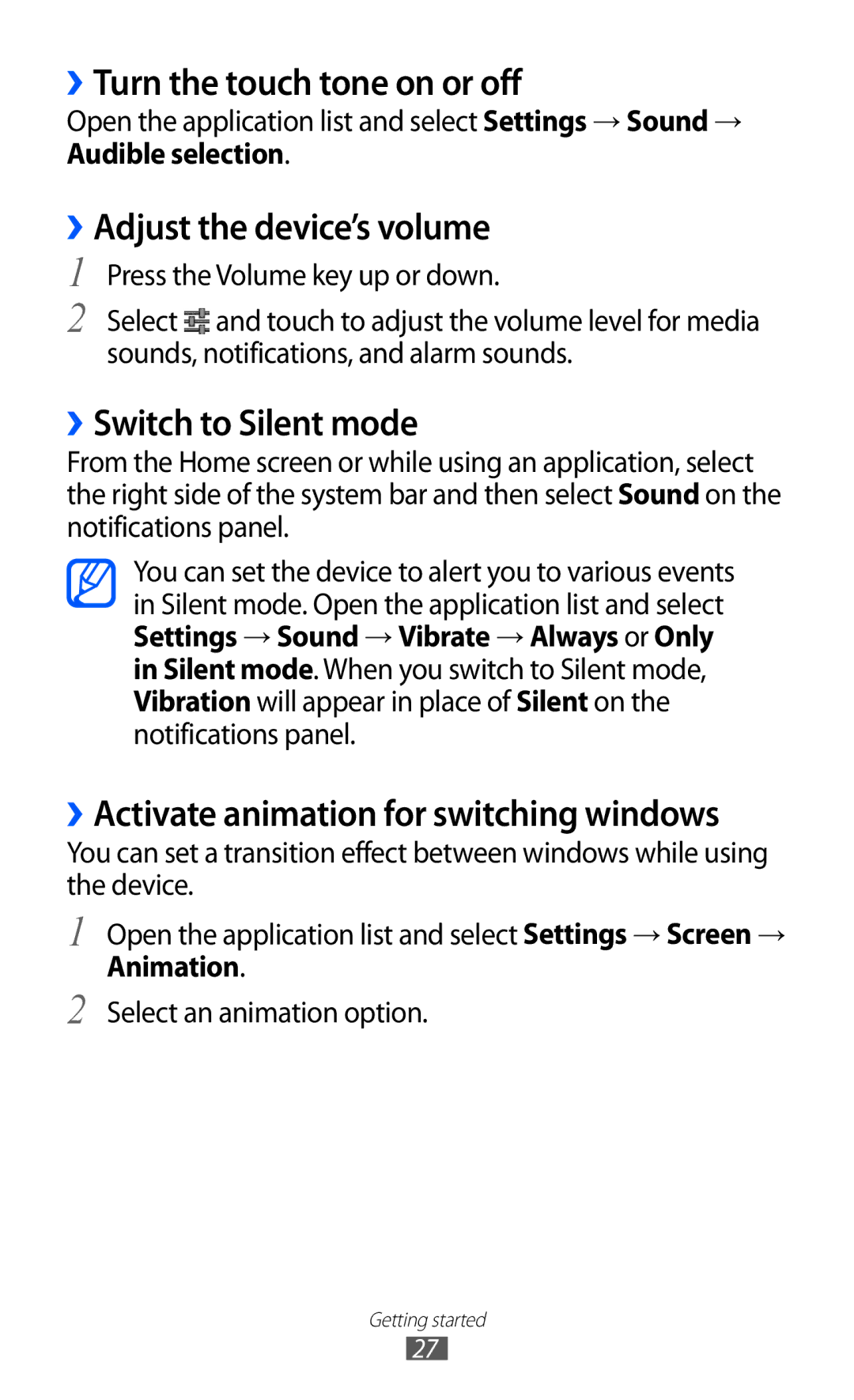 Samsung GT-P7300UWAXEV manual ››Turn the touch tone on or off, ››Adjust the device’s volume, ››Switch to Silent mode 